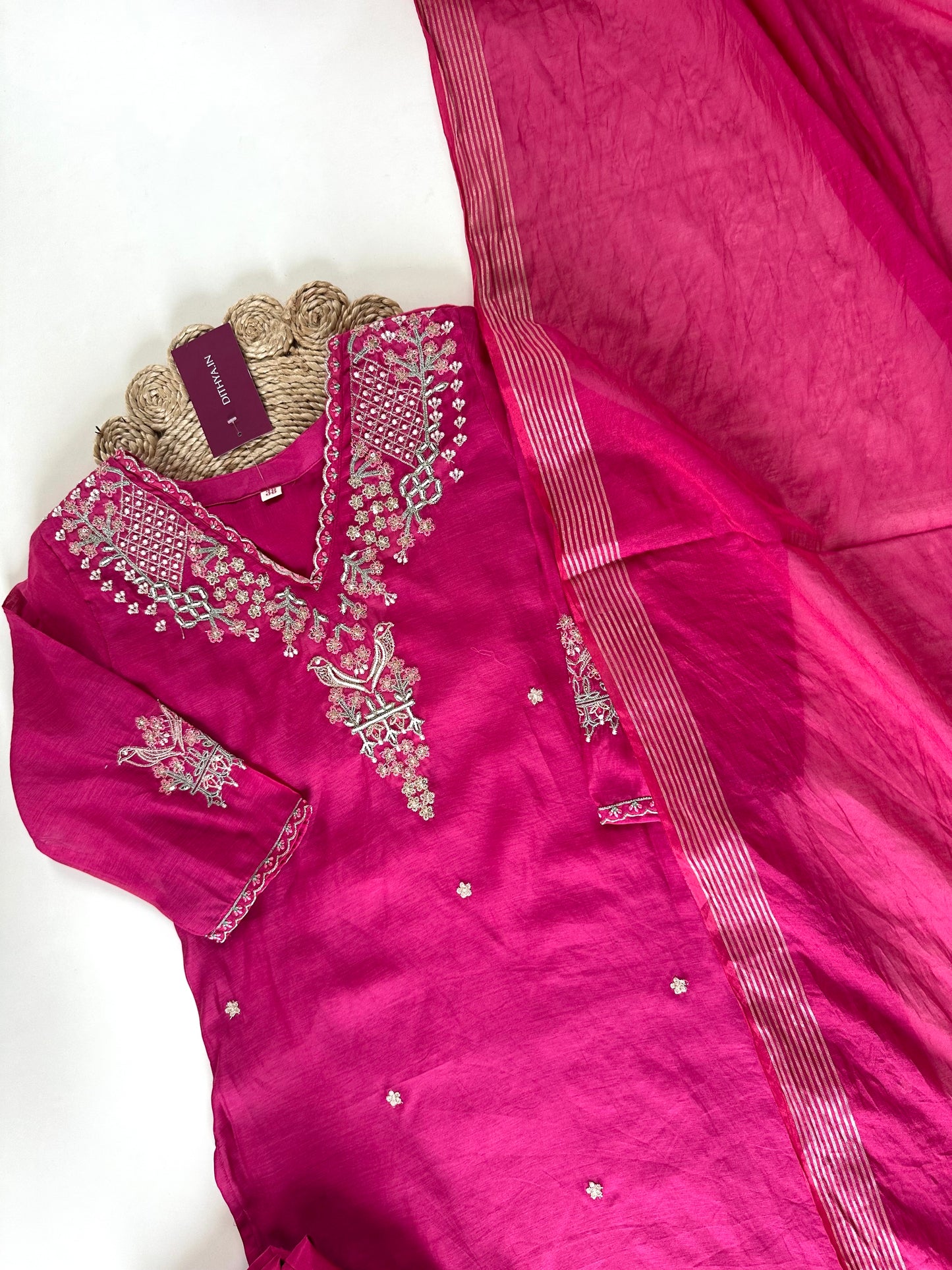 K044 - Handwork Mul Chanderi straight kurti with pants and dupatta .