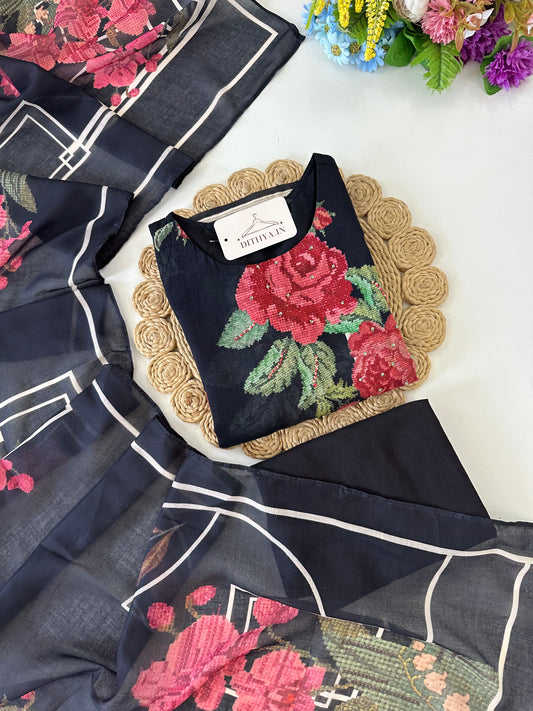 K020 - Mul cotton printed straight Kurti with pants and dupatta