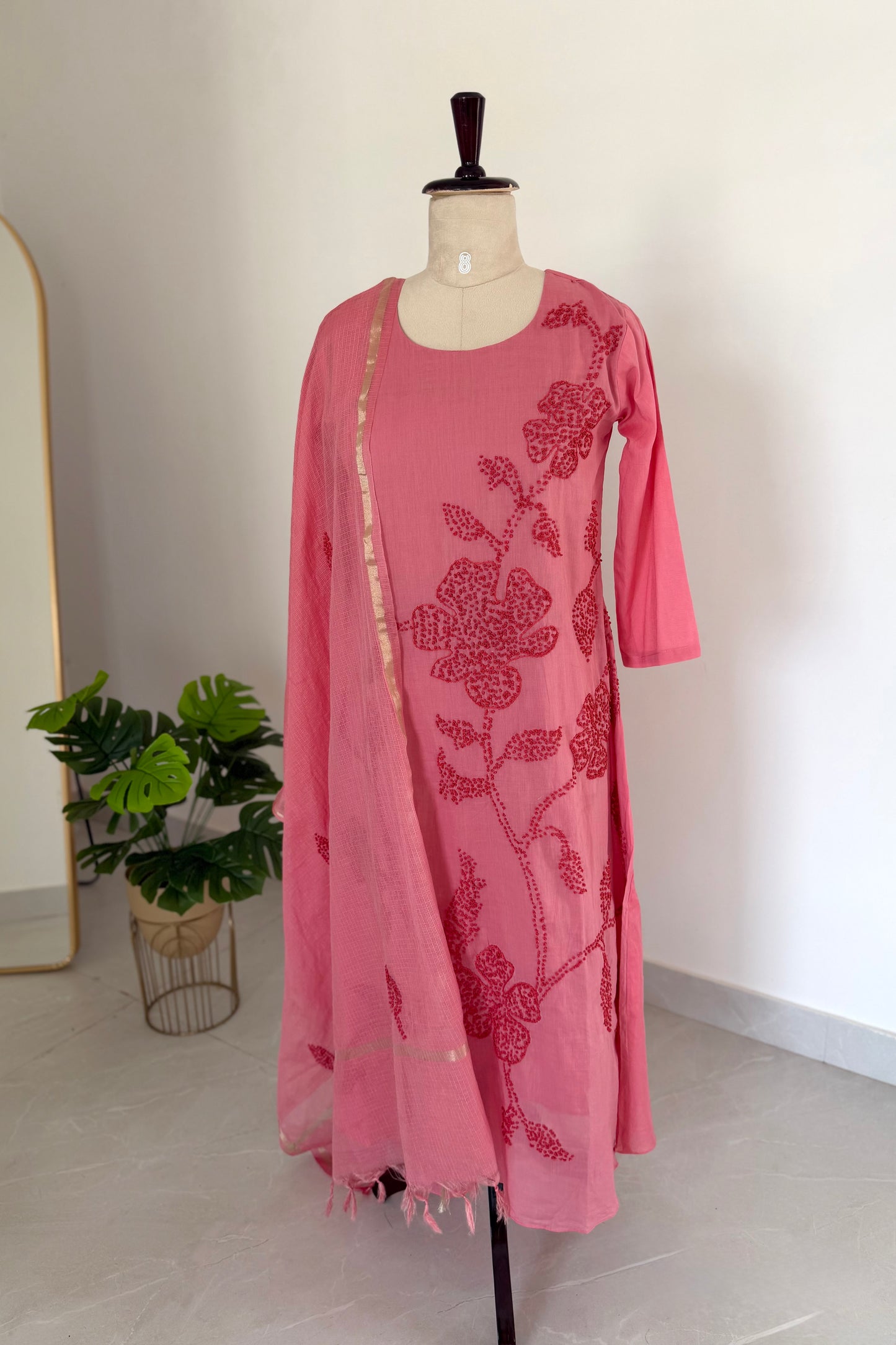 K495 - Mul chanderi embroidered Aline Kurti with pants and dupatta