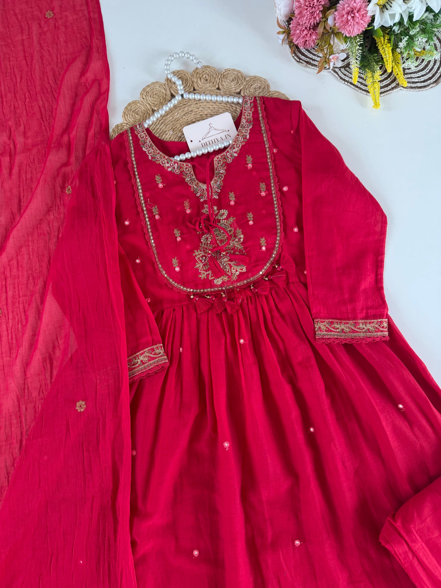 K676 - Mul cotton embroidered Anarkali with pants and dupatta