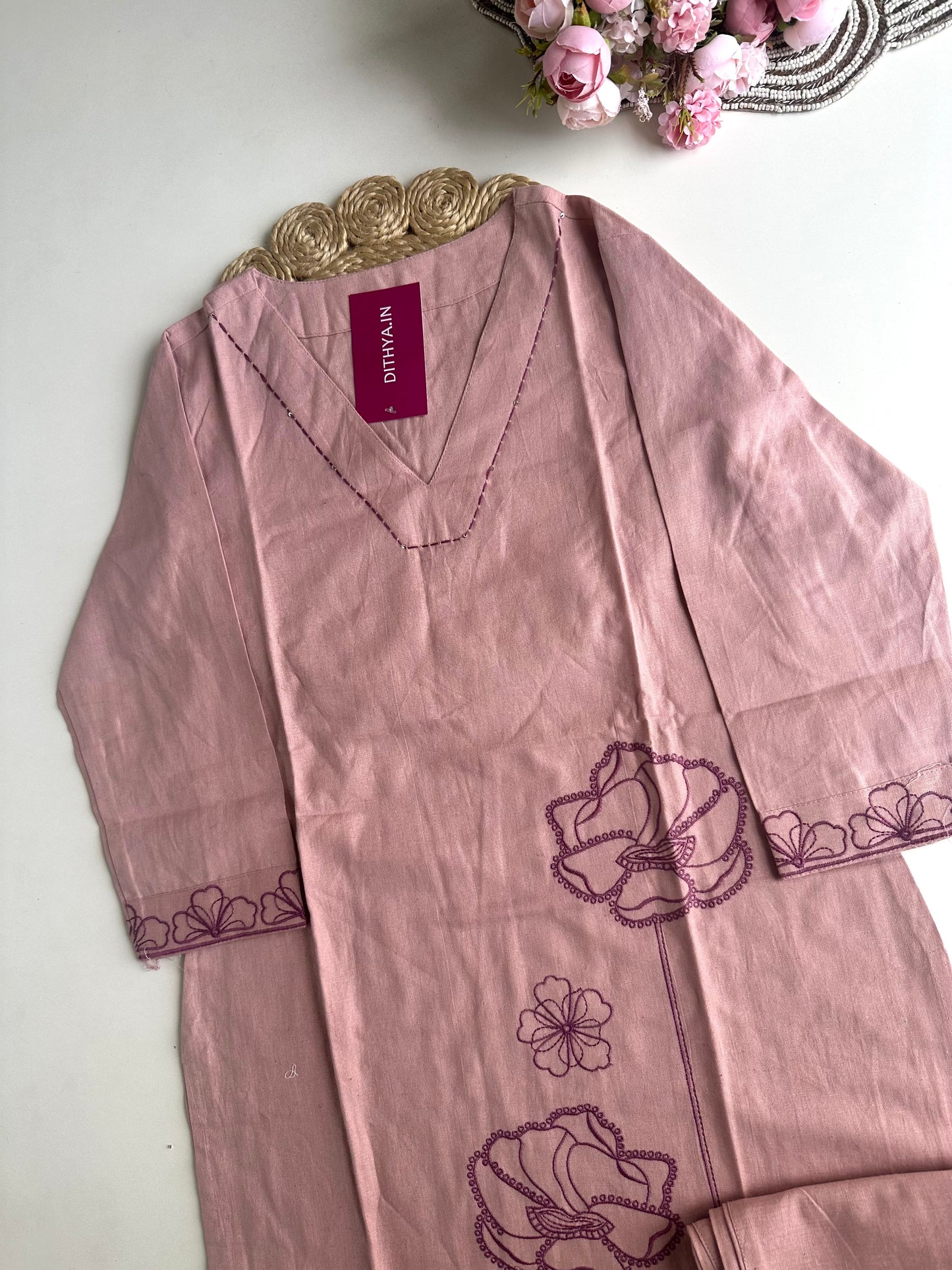 K438 - Linen cotton embroidered Aline Kurti with pants in 2 colours