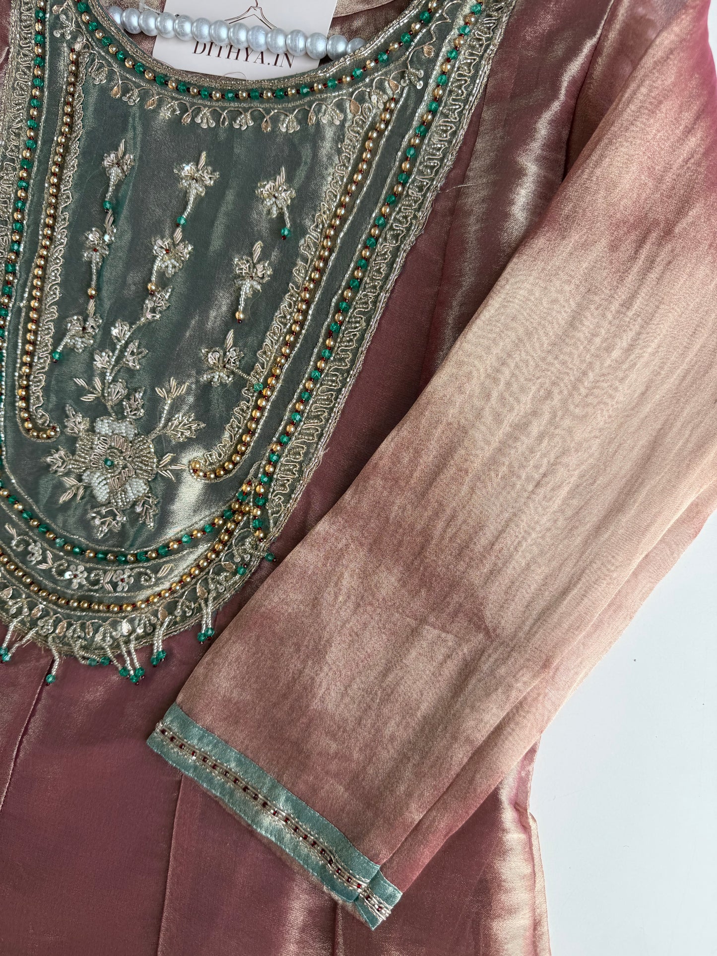 K470 - Tissue silk handwork Anarkali with pants and dupatta