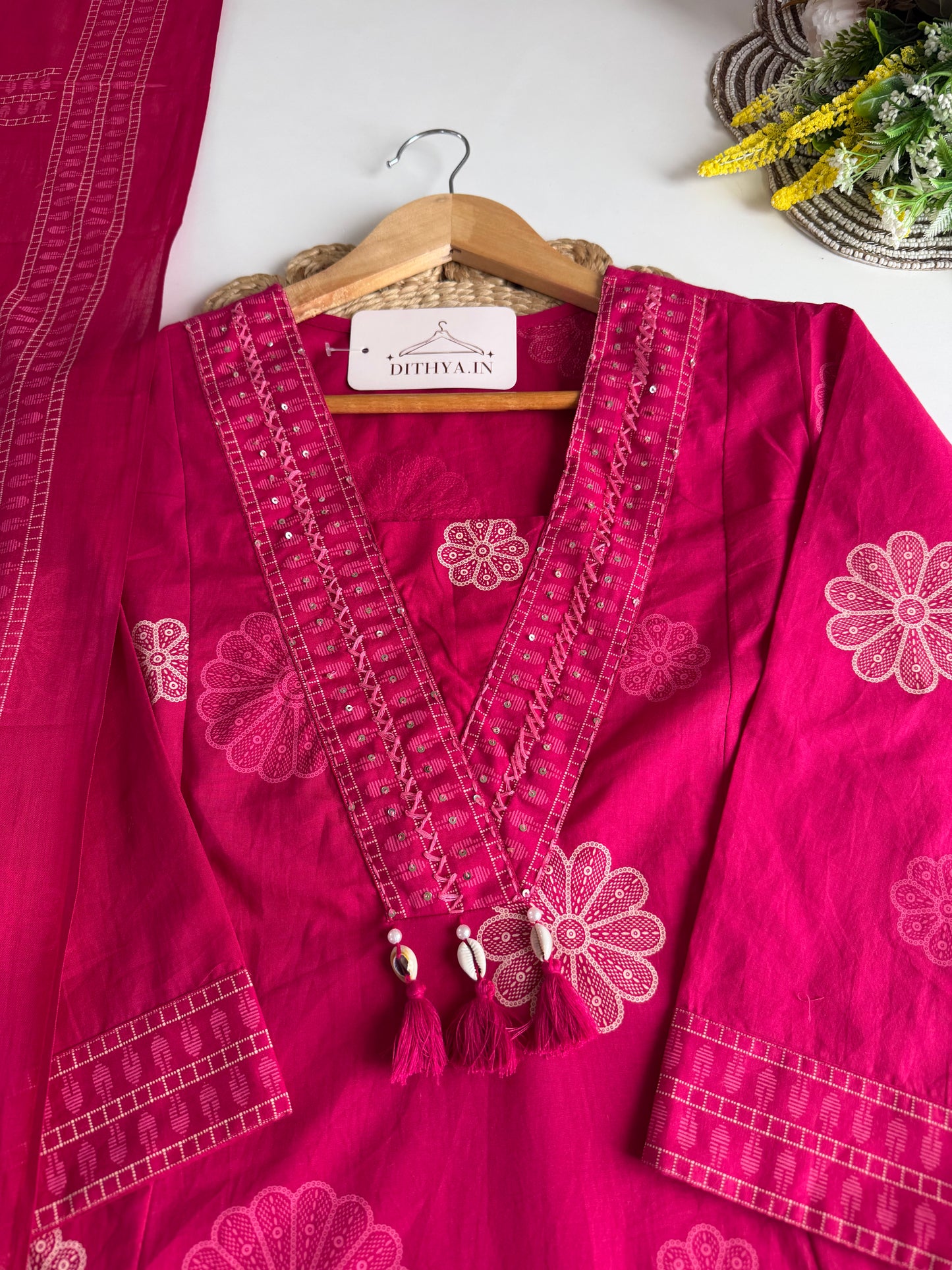 K657 - Mul cotton embroidered Aline Kurti with pants and dupatta in 2 colours