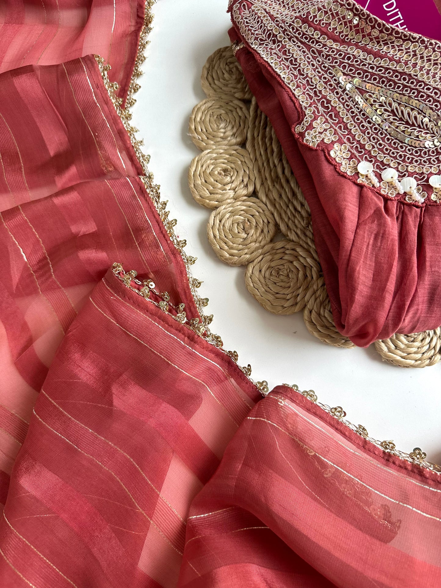 K093 - Mul Chanderi handwork Aline Kurti with pants and dupatta in 2 colours