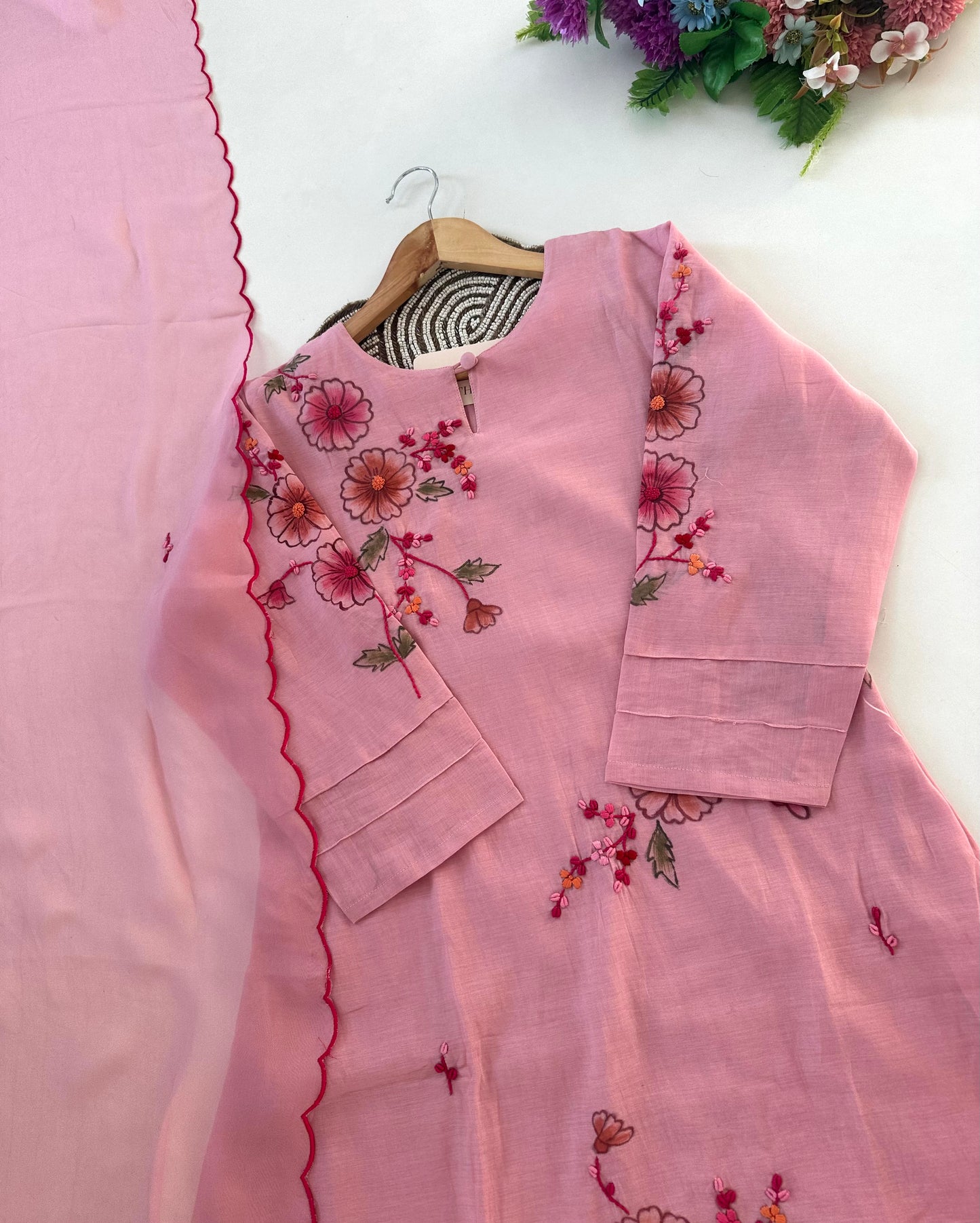 K380 - Mul chanderi hand painted and embroidered aline Kurti with pants and dupatta