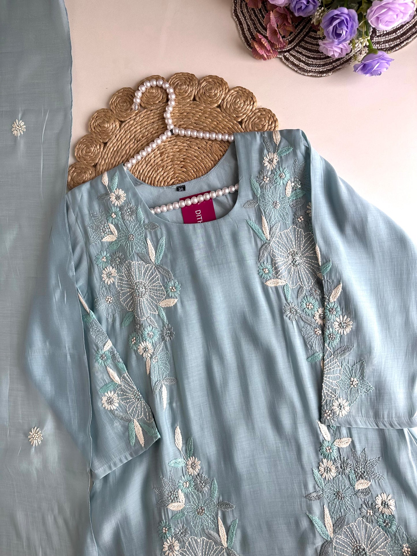K319 - Mul Chanderi embroidered Aline Kurti with pants and dupatta