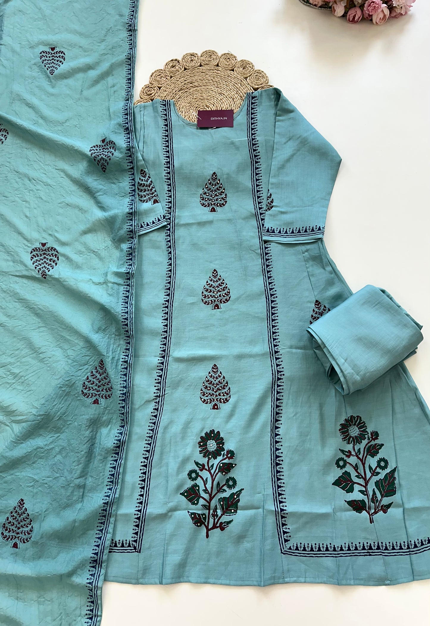 K084 - Cotton silk Aline Kurti with pants and dupatta
