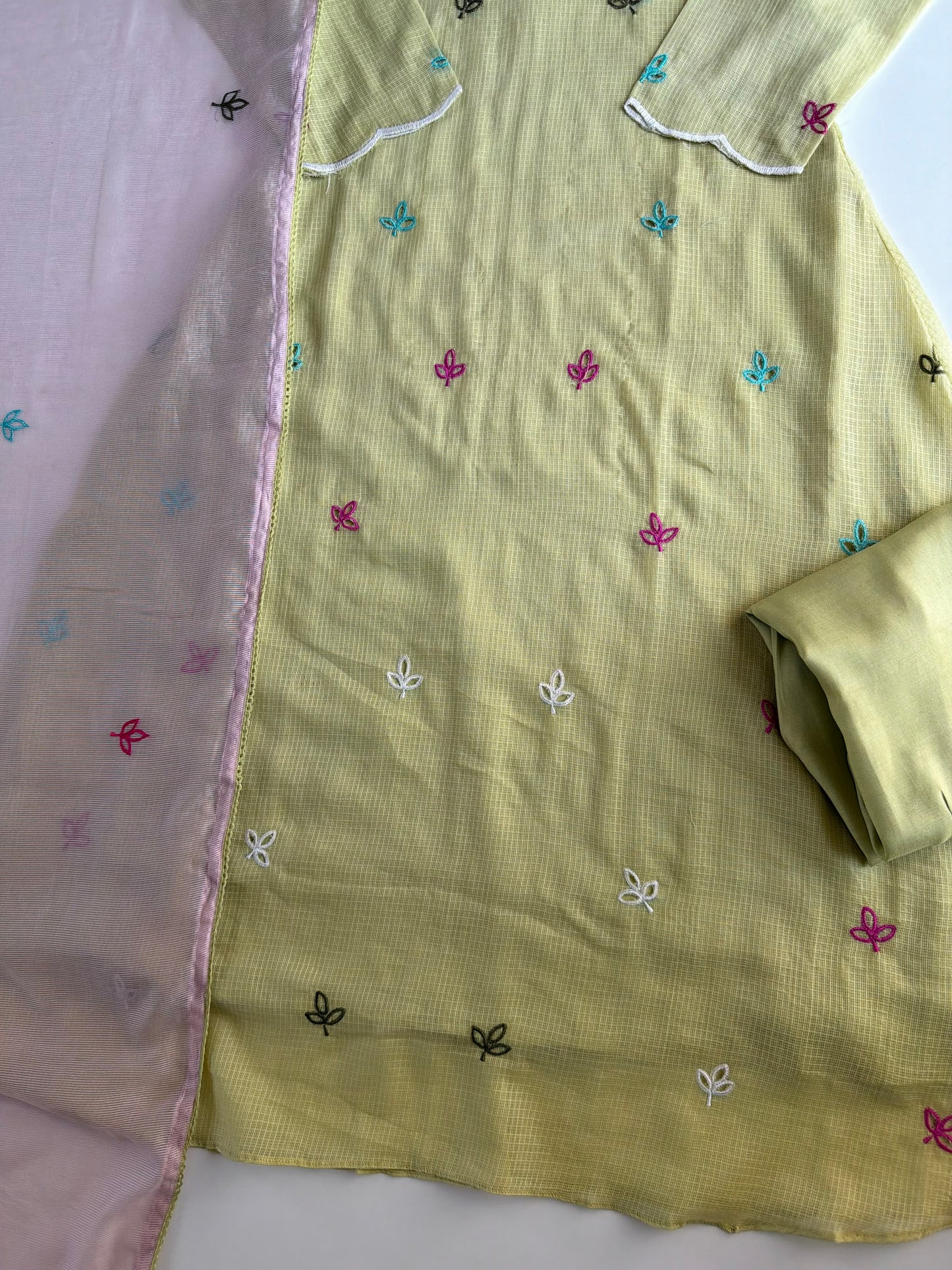 K077 - Kota doriya embroidered Aline Kurti with pants and dupatta