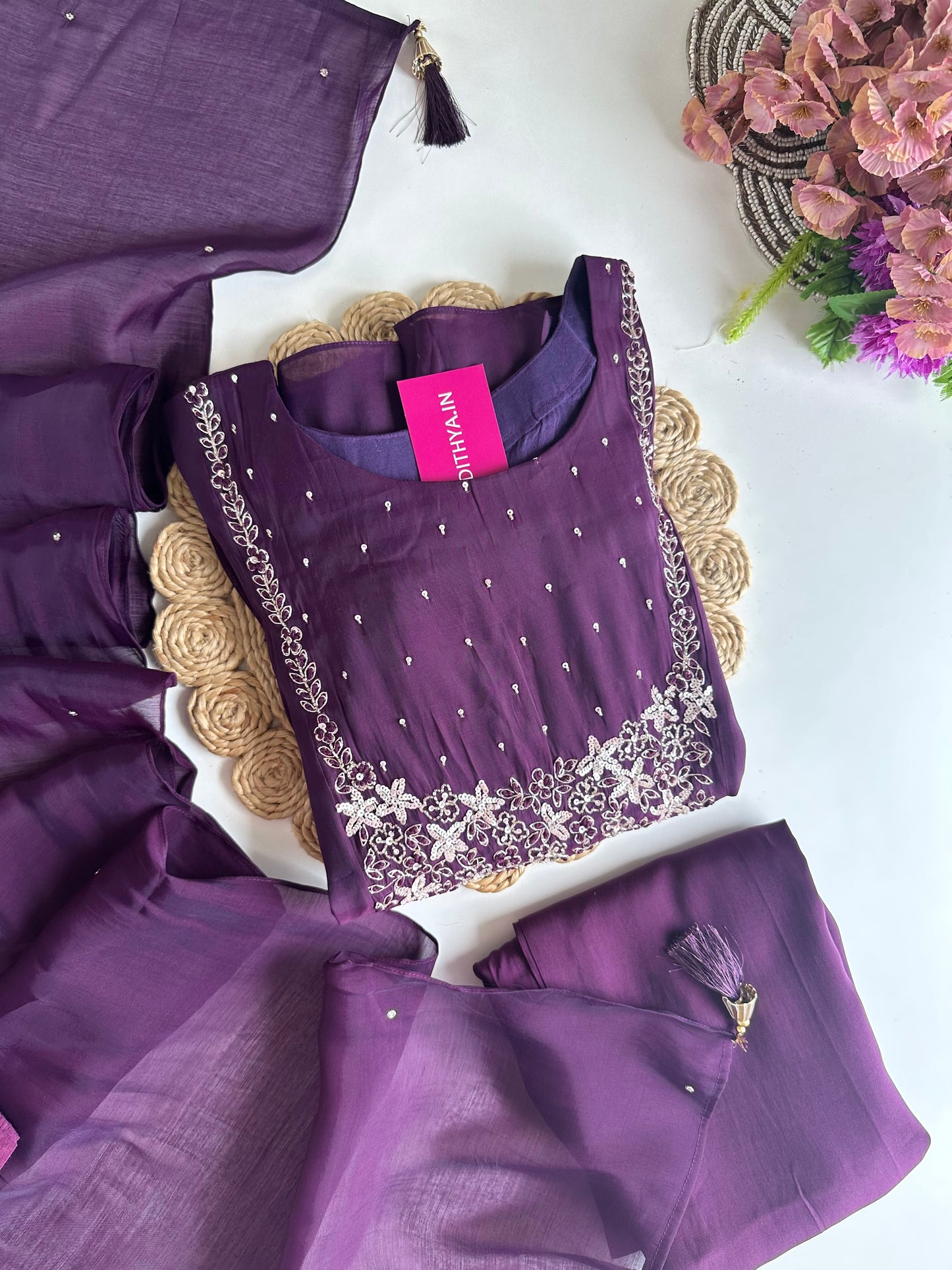K007 - Mul Chanderi handwork Aline Kurti with pants and dupatta in 2 colours