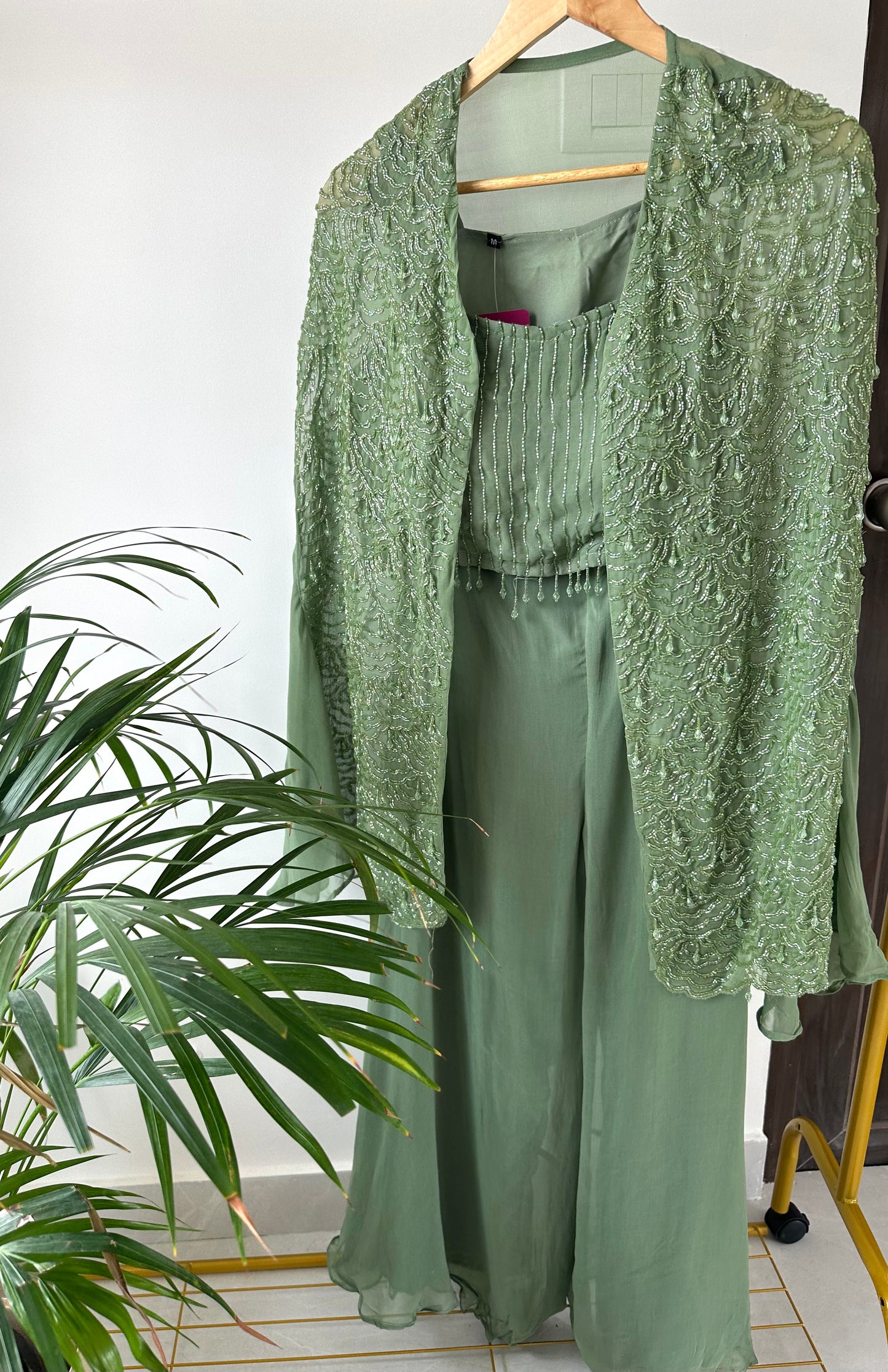 K267 - Viscose organza cutdhana crop top ,cape and palazzo