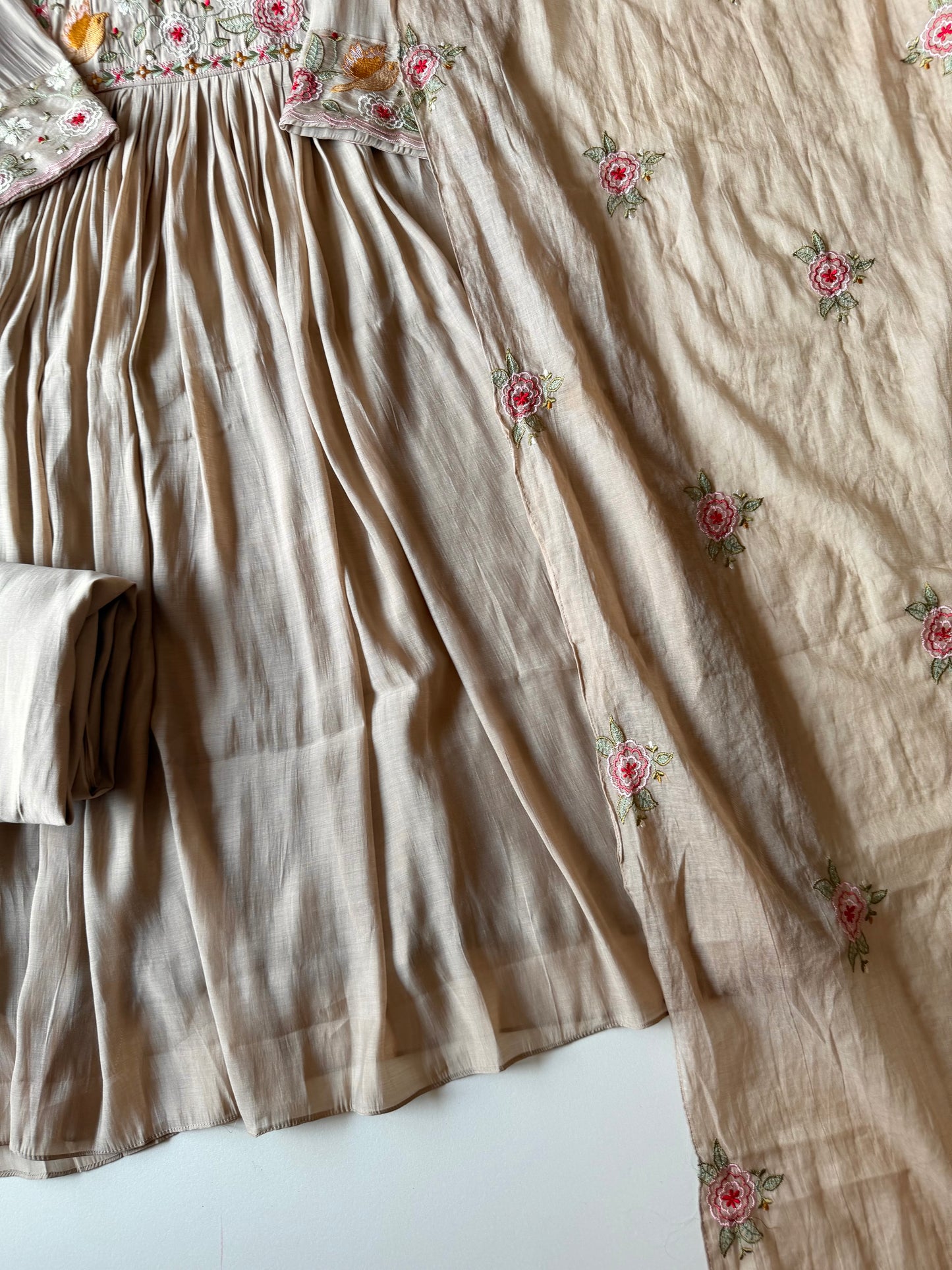 K140 - Mul chanderi embroidered Anarkali with pants and dupatta