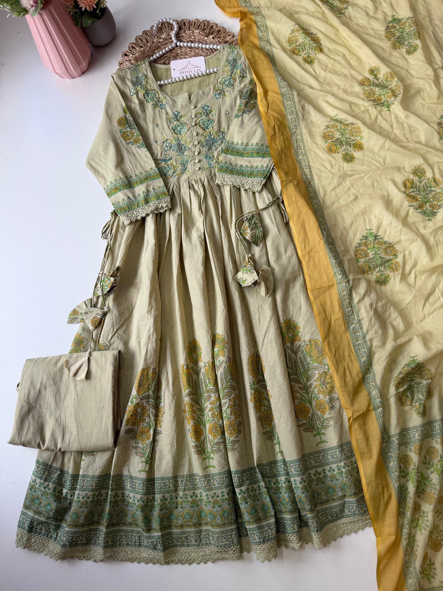 K585 - Cotton embroidery Anarkali with pants and dupatta