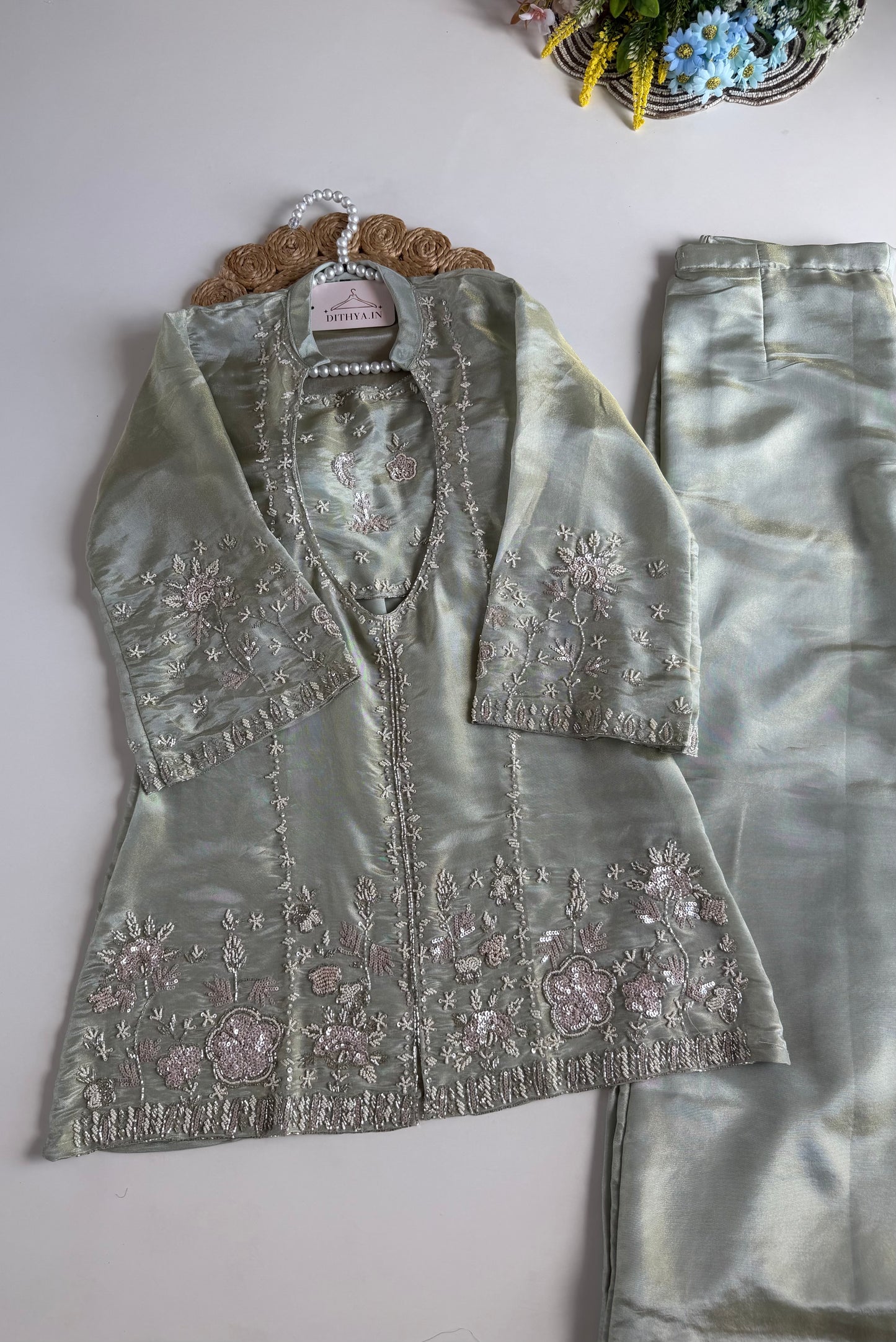 K140 - Tissue  silk handwork coord set (Inner and palazzo)