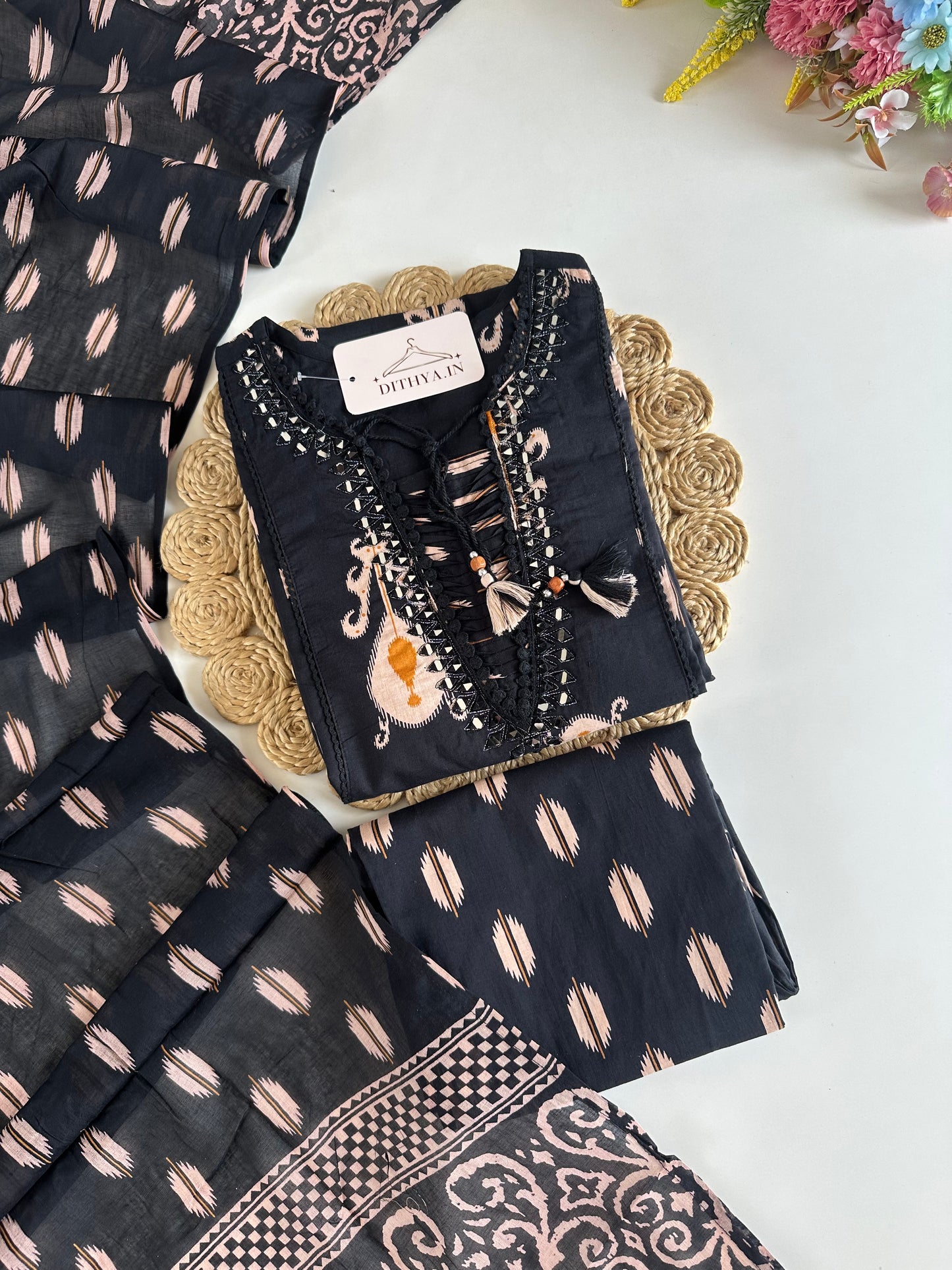 K685 - Mul cotton embroidered Aline Kurti with pants and dupatta