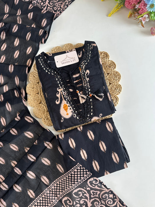 K685 - Mul cotton embroidered Aline Kurti with pants and dupatta