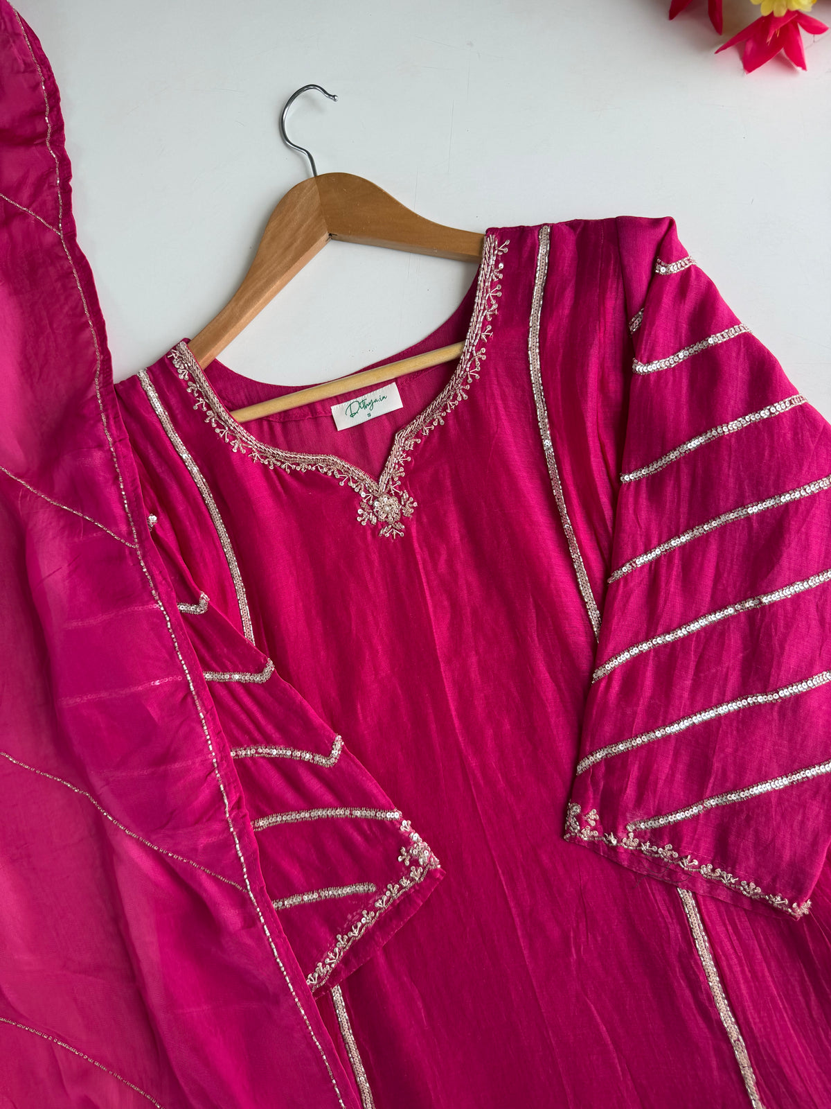 K206 - Mul chanderi handwork aline Kurti with pants and dupatta