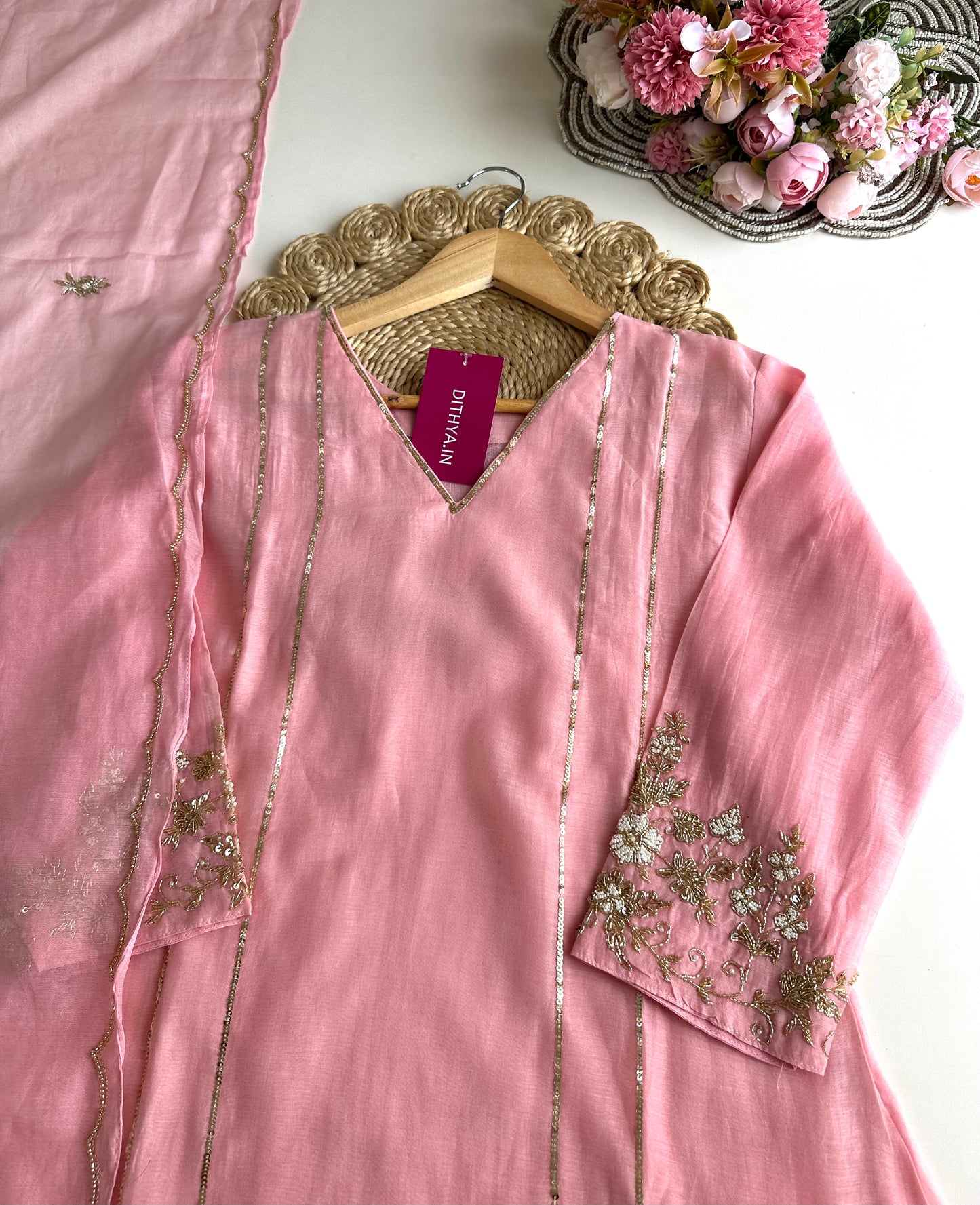 K070 - Mul Chanderi handwork Aline Kurti with pants and dupatta