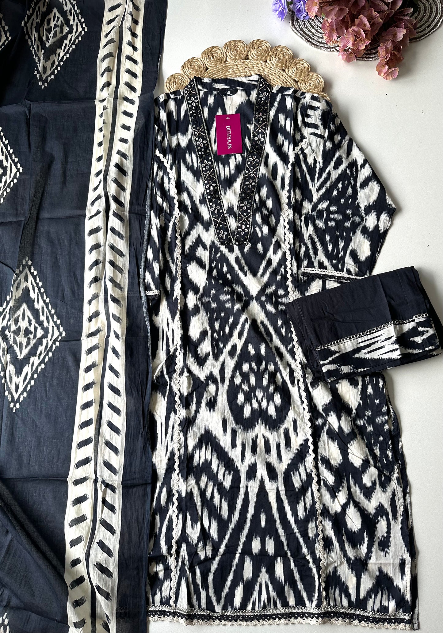 K108 - Mul cotton ikkat straight Kurti with pants and dupatta