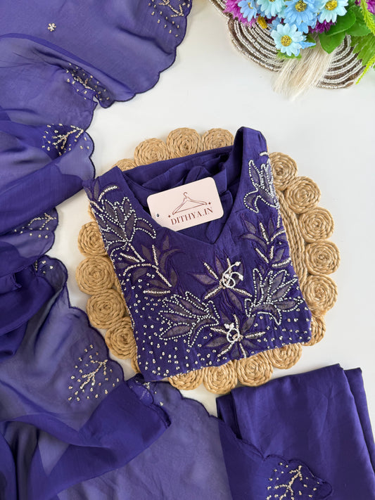 K612 - Mul chanderi handwork aline Kurti with pants and dupatta