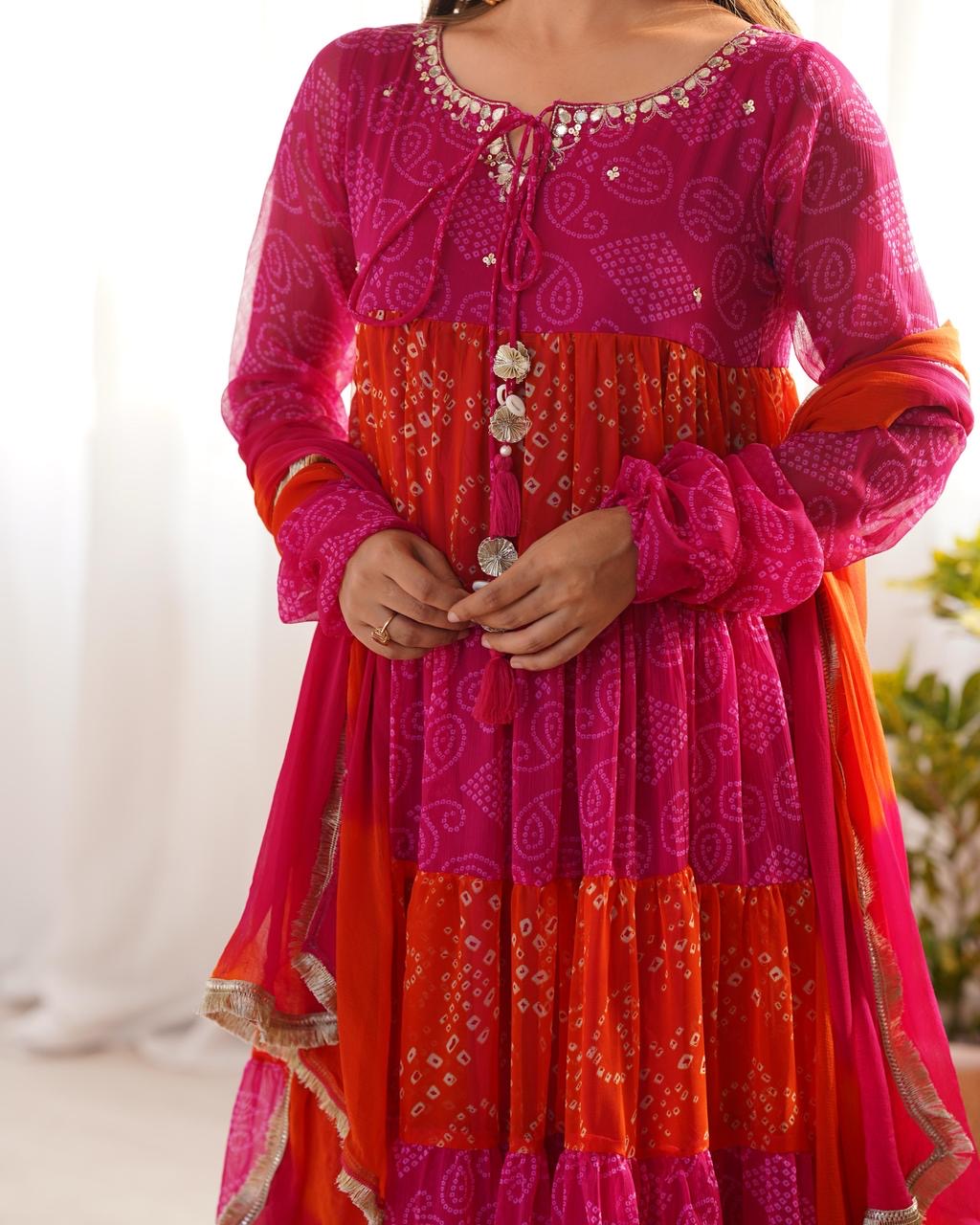 K434 - Chinnon Leheriya Anarkali with pants and dupatta