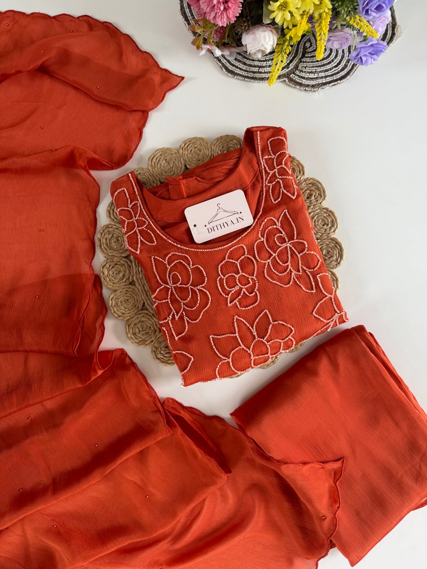 K585 - Pure Chinnon pearl work aline Kurti with pants and dupatta
