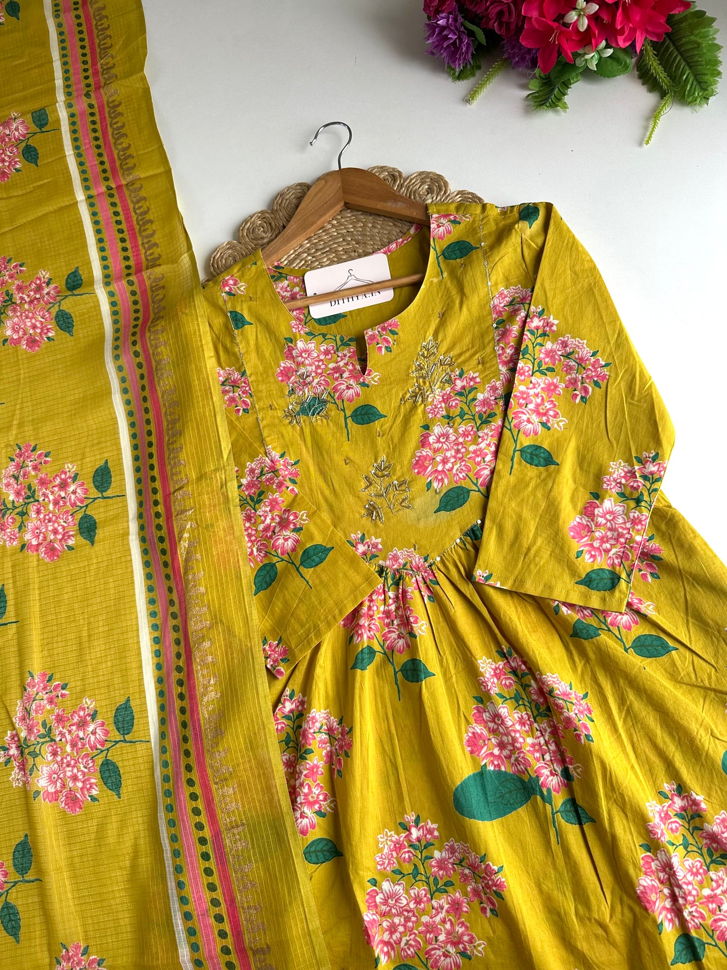 K060 - Mul cotton floral Anarkali with pants and dupatta