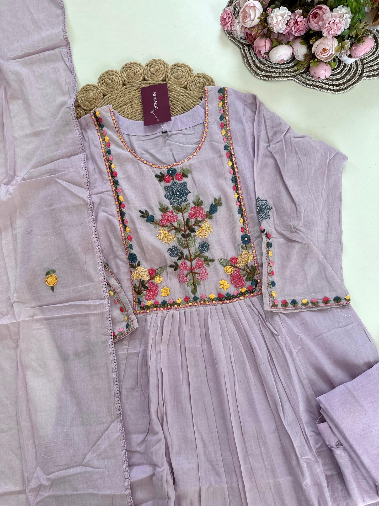 K157 - Mul cotton embroidered Anarkali with pants and dupatta in 2 colours