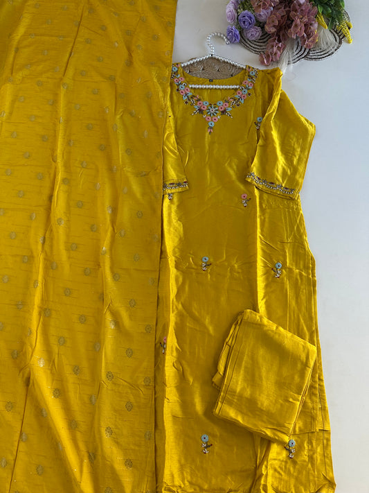 D381 - Dola silk straight kurti with pants and dupatta