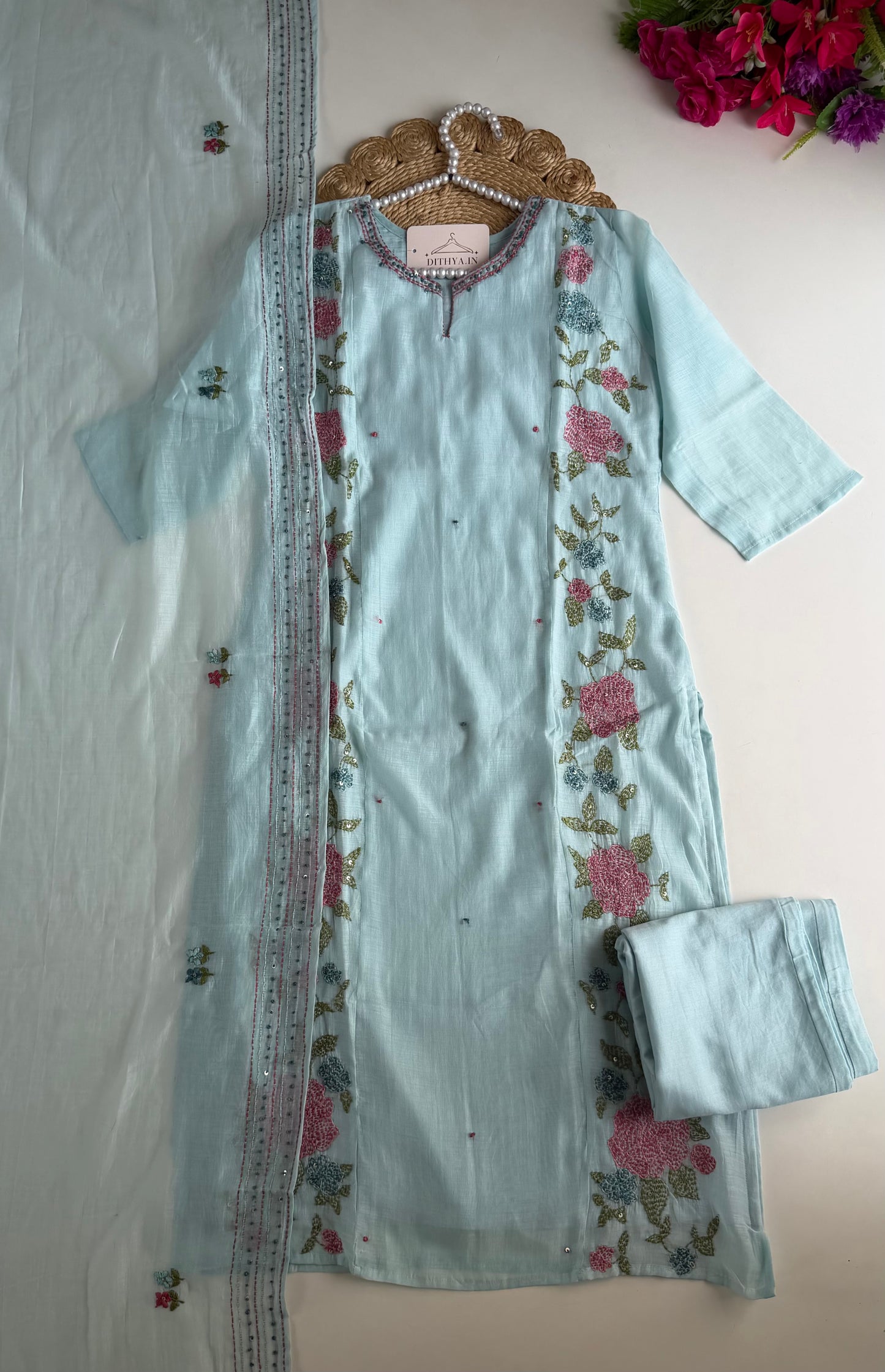 K723 - Mul chanderi embroidered straight Kurti with pants and dupatta