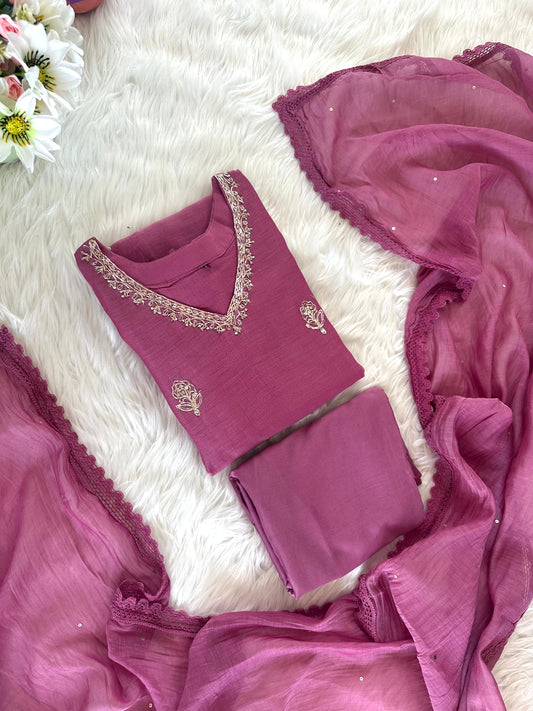 K022 - Mul Chanderi Zardosi work Aline Kurti with pants and dupatta in 2 colours