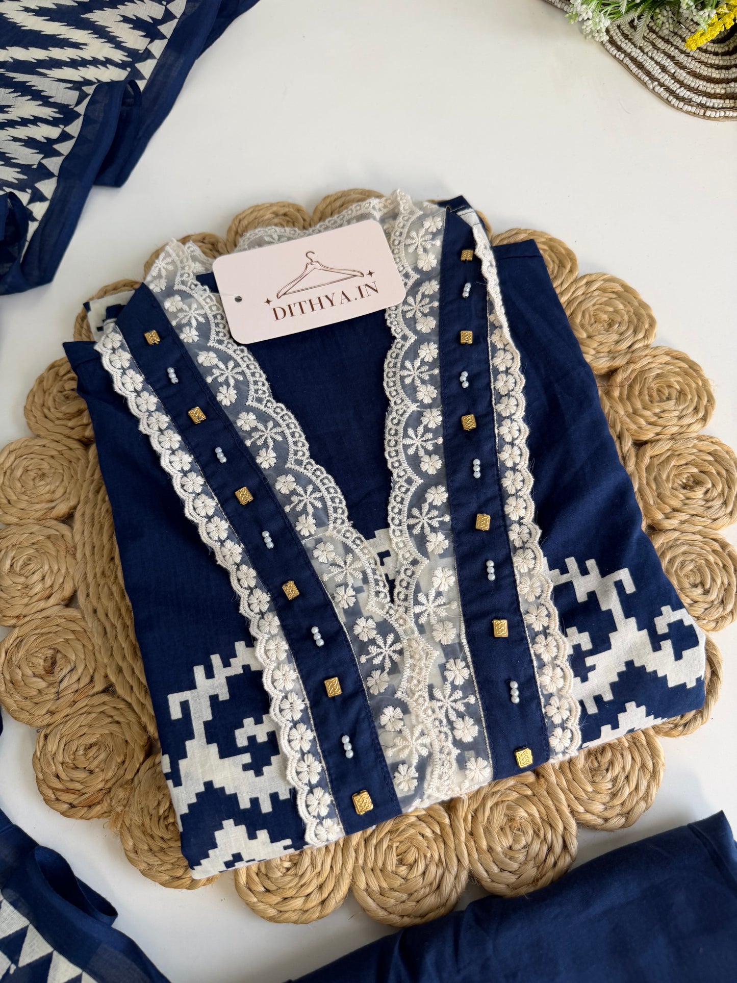 K648 - Mul cotton embroidered straight Kurti with pants and dupatta