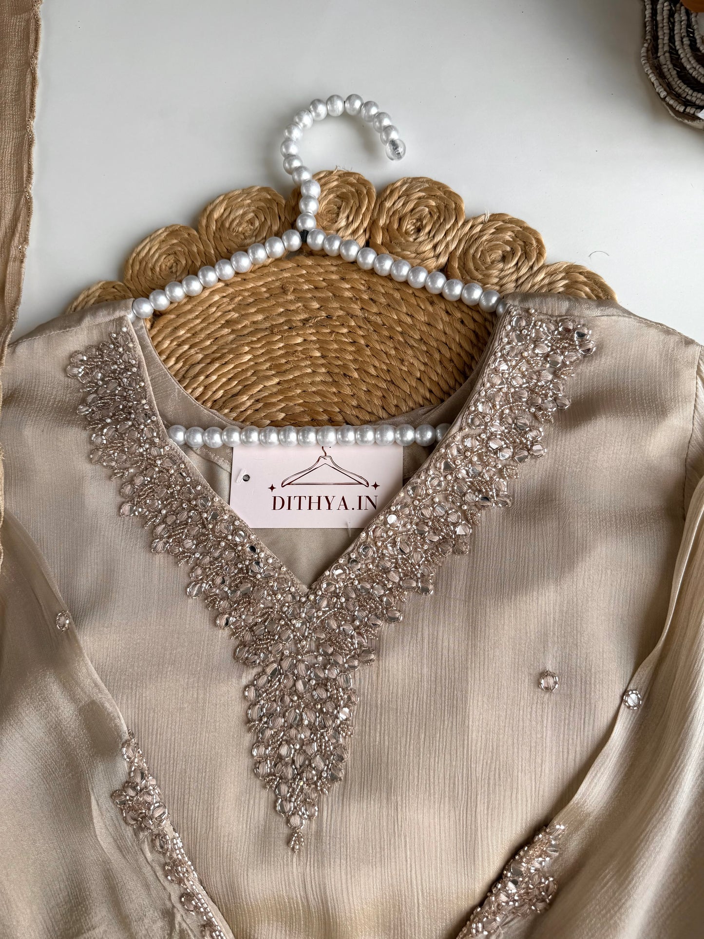 K508 - Chinnon mirror handwork short Kurti with divider pants and dupatta