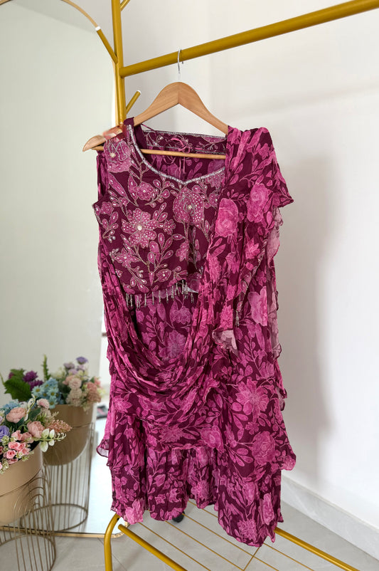 K525 - Pure chinnon floral crop top with drape skirt and dupatta