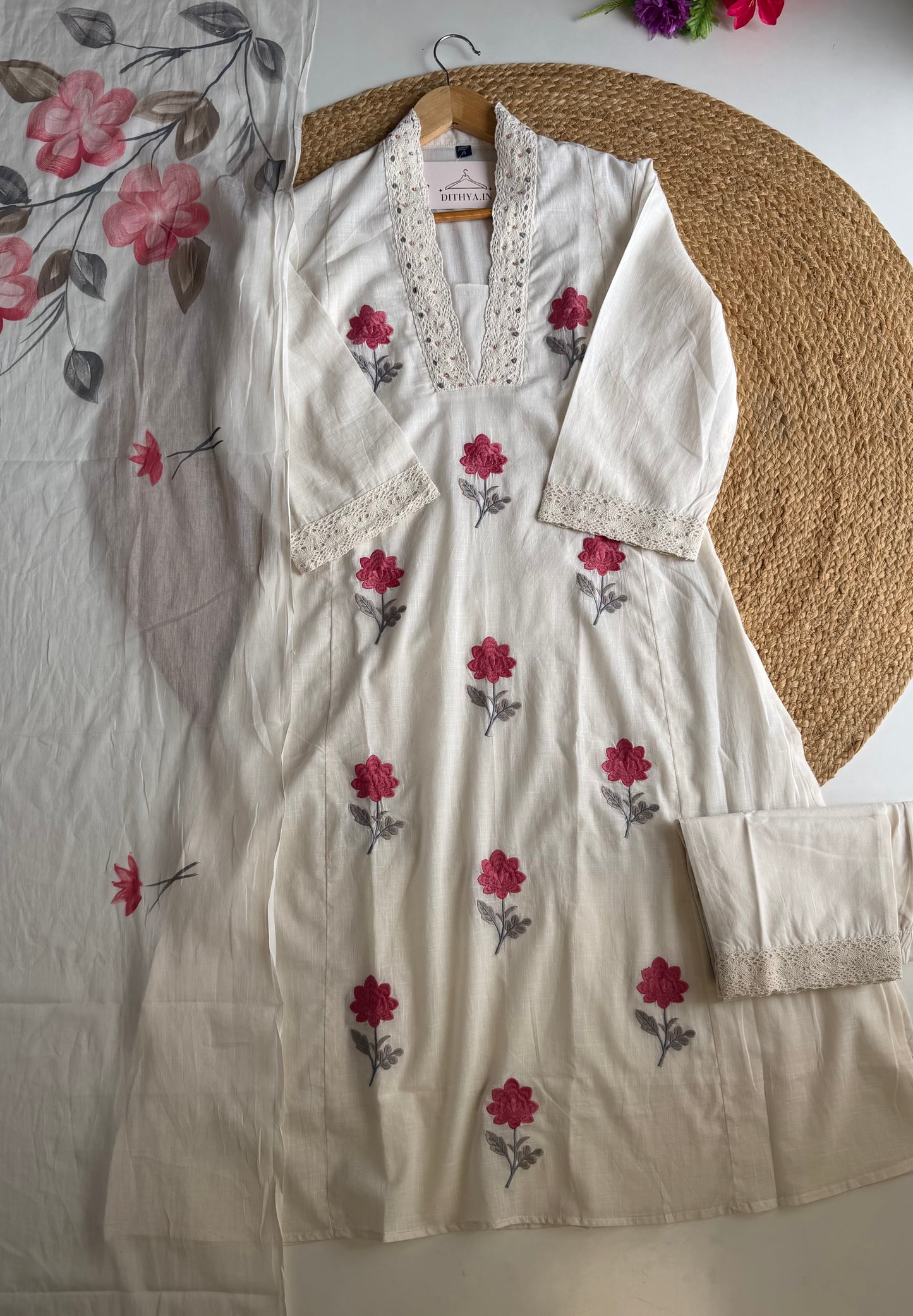 K667 - Mul cotton embroidered straight Kurti with pants and dupatta