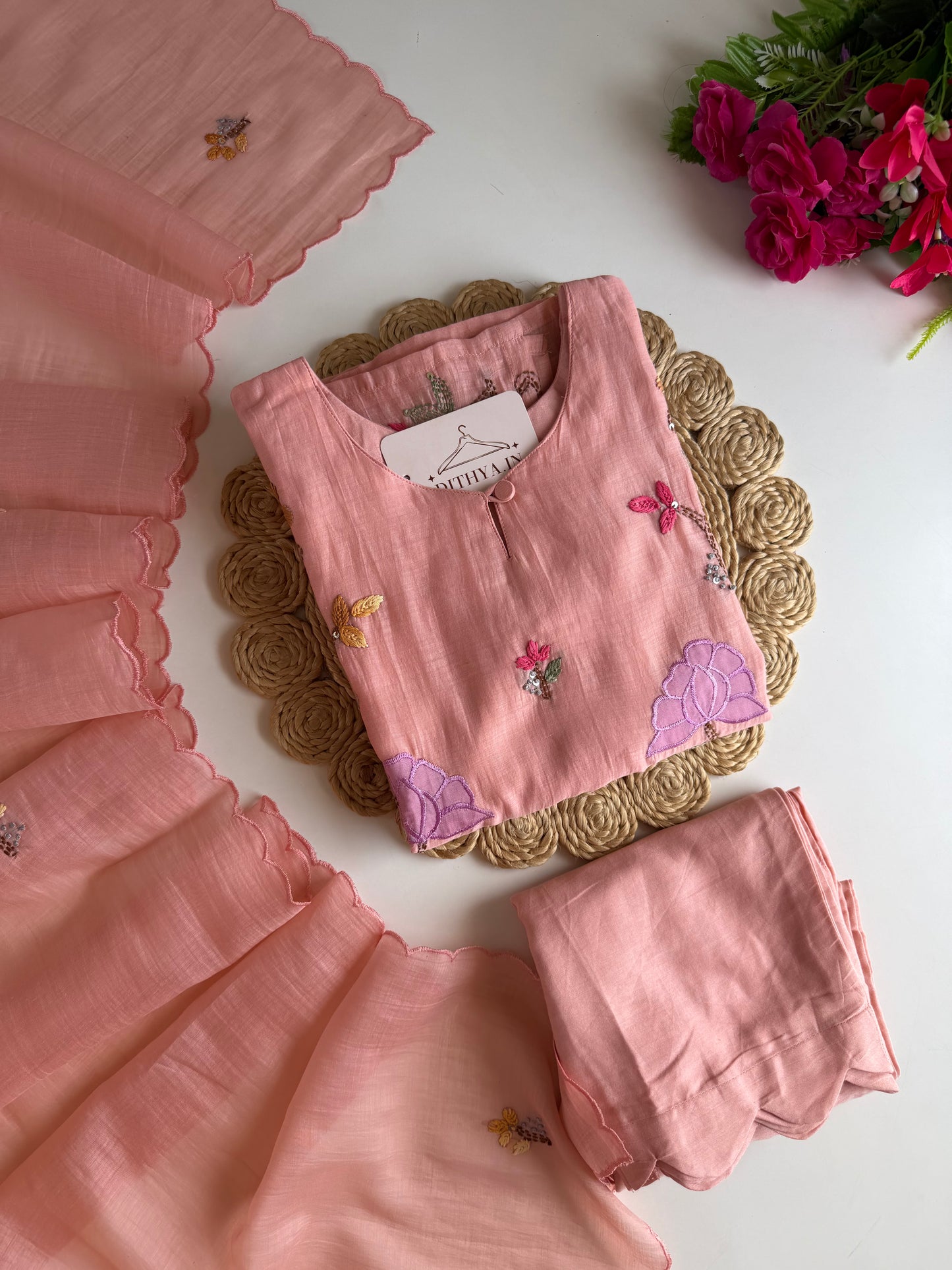 K274 - Mul chanderi appliqué embroidered straight Kurti with pants and dupatta