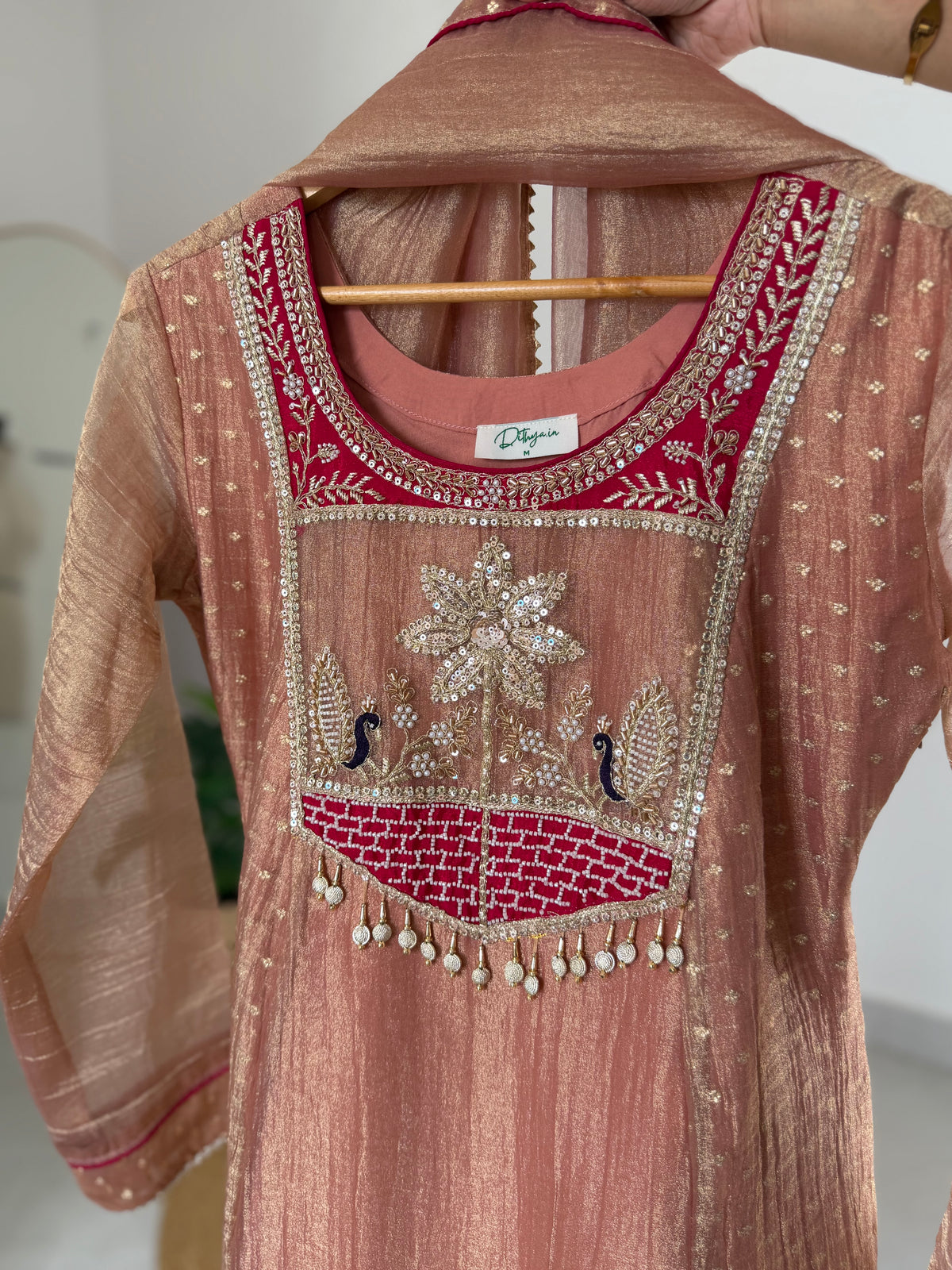 K542 - Tissue silk handwork Anarkali with pants and dupatta in 2 colours