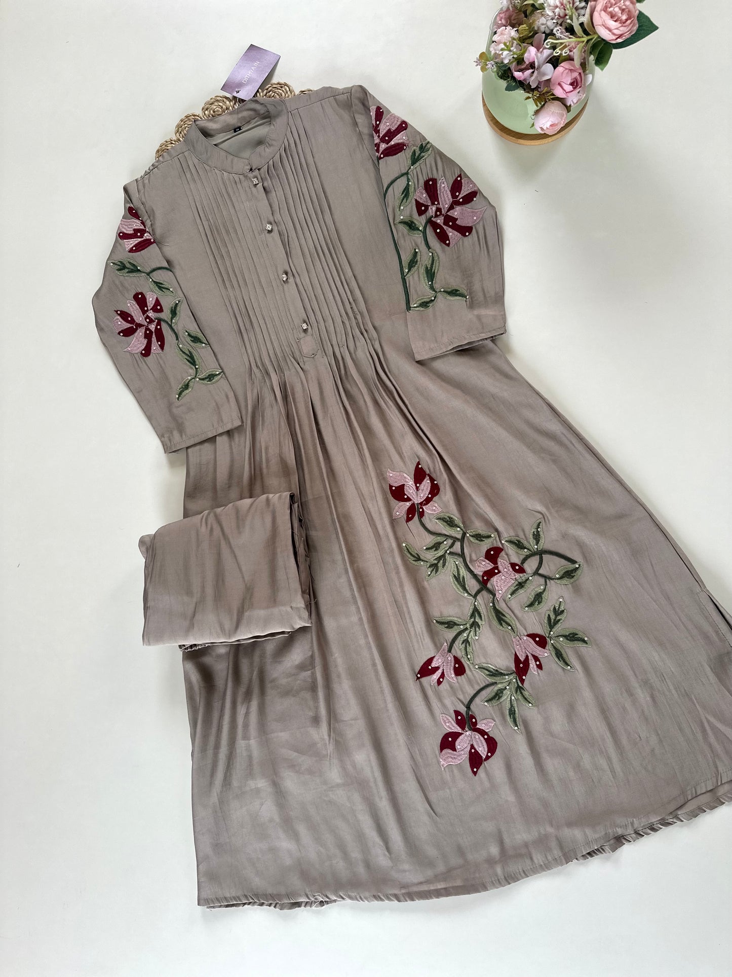 K246 - Muslin Pleated Patch work Aline Kurti with pants .