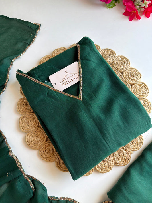 K260 - Mul chanderi handwork Aline Kurti with pants and dupatta