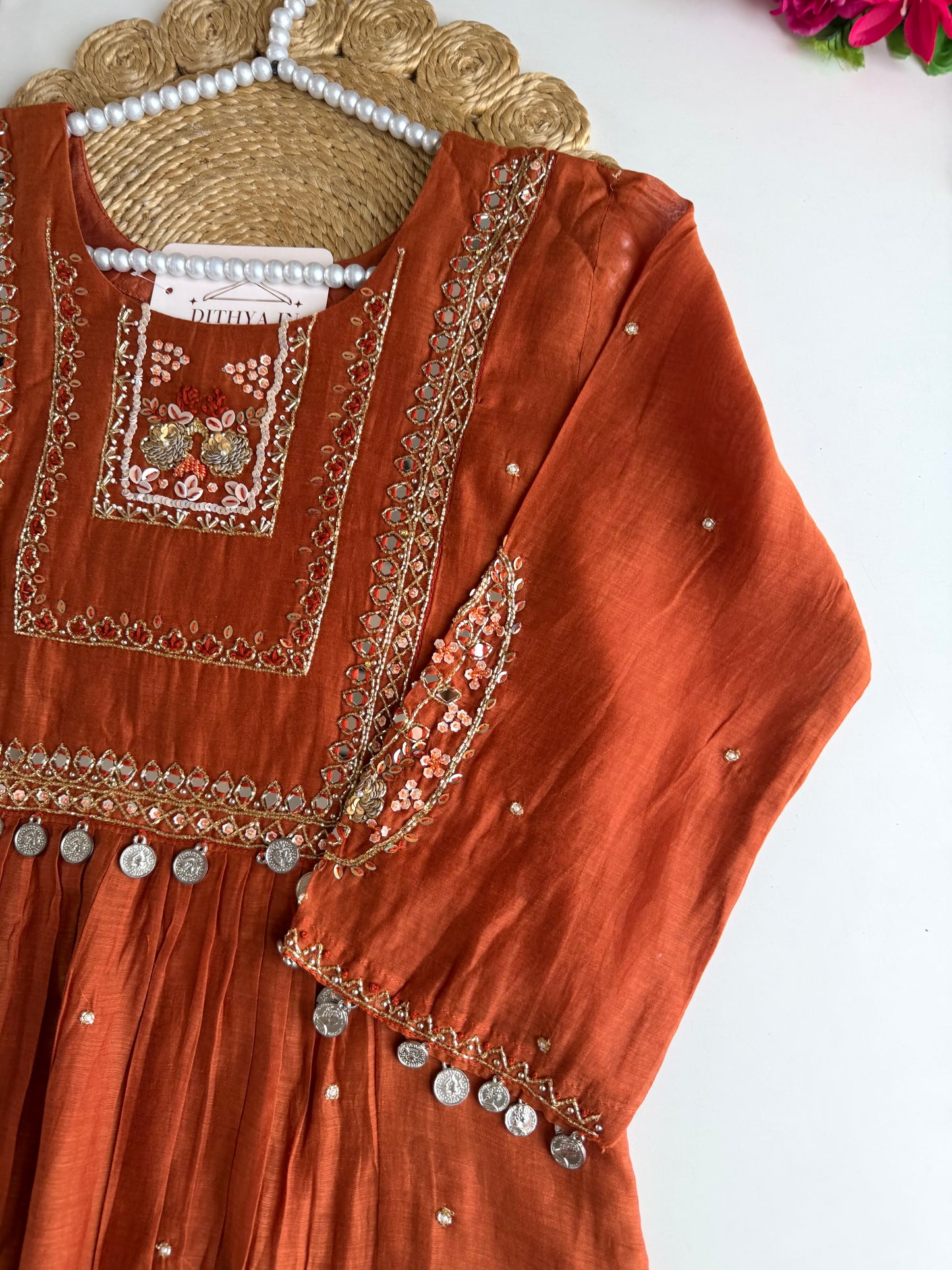 K435 - Mul chanderi handwork Aline Kurti with pants and dupatta