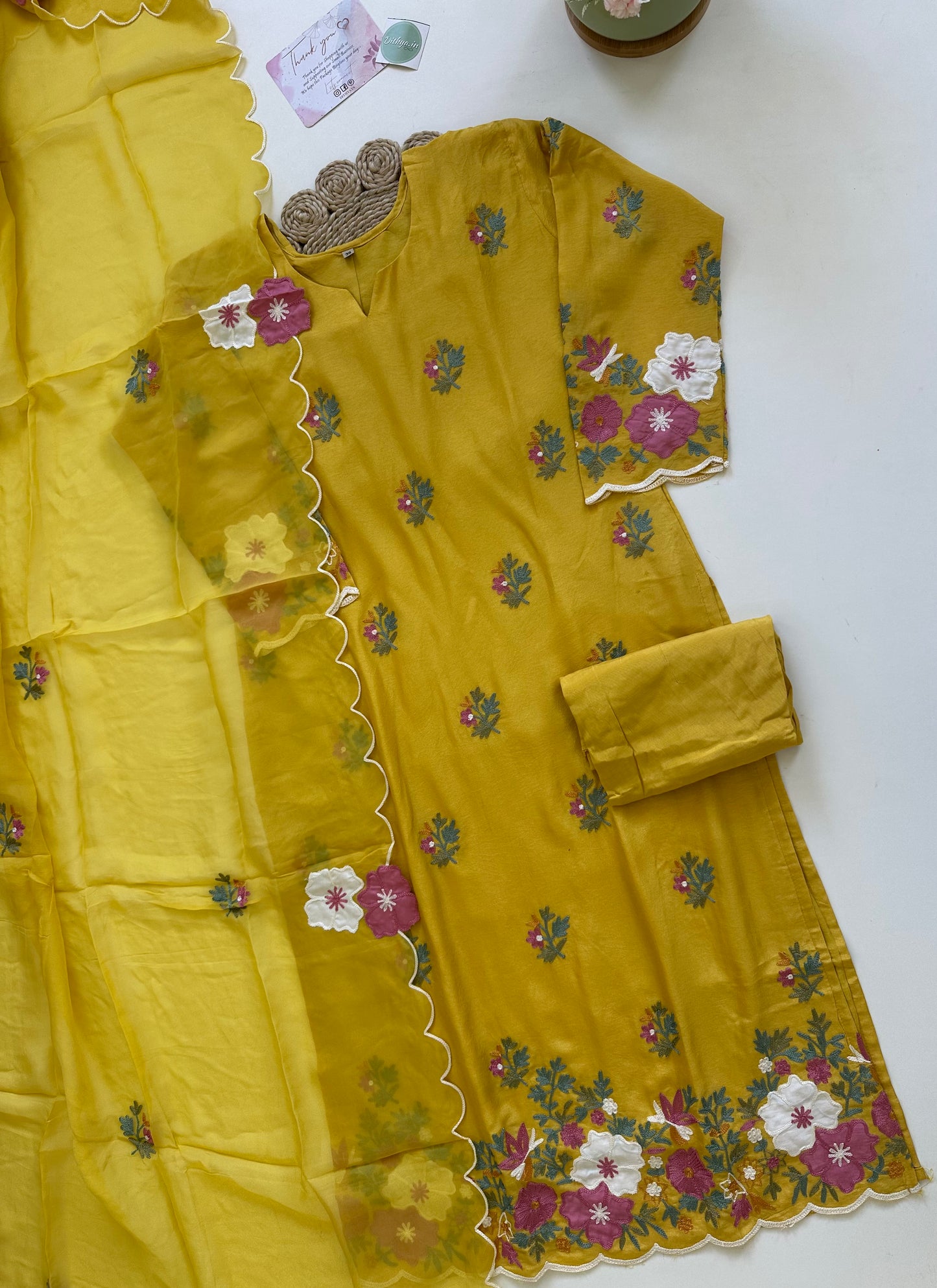 K194 - Russian silk Embroidery work straight kurti with pants and viscose organza dupatta .