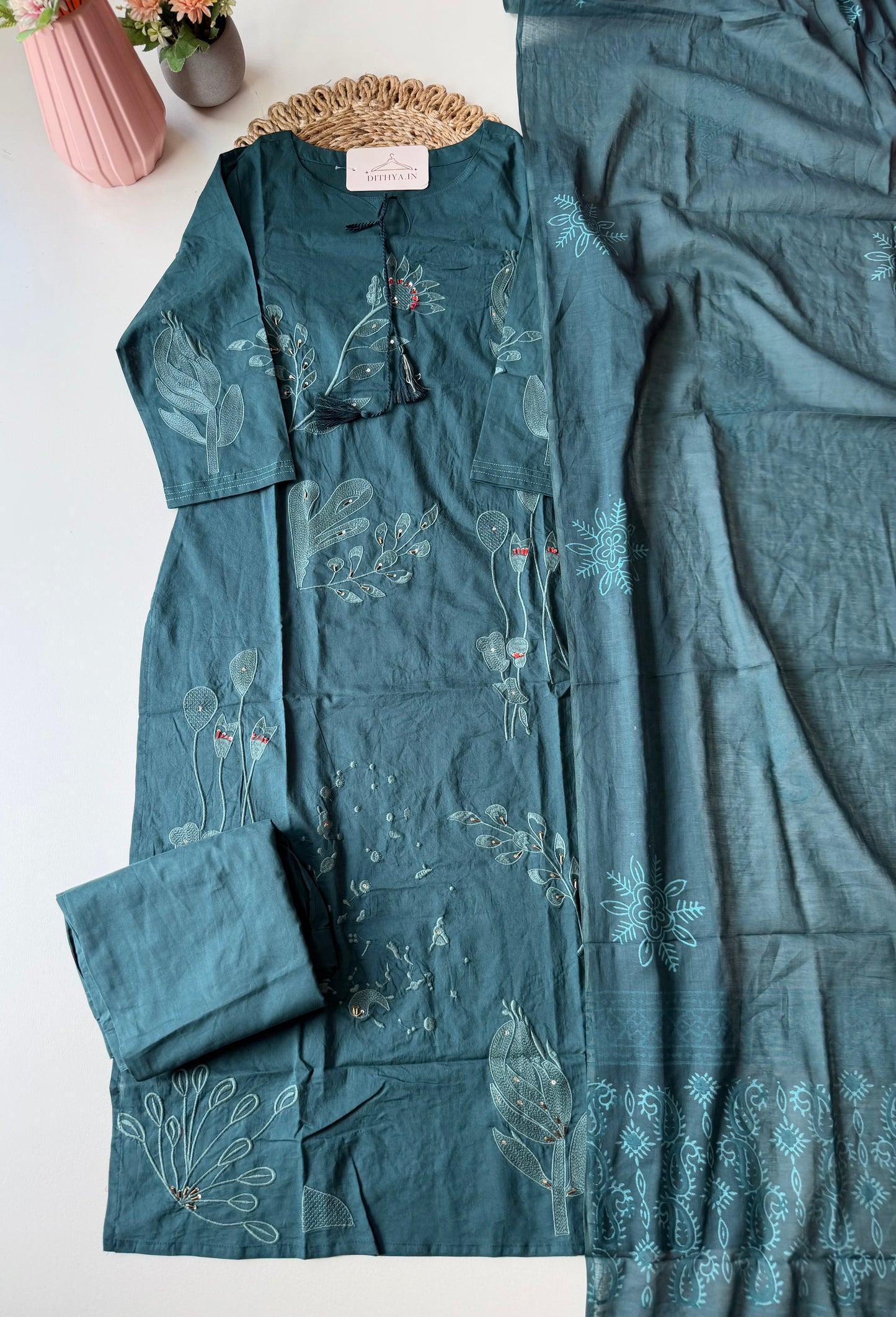 K583 - Cotton embroidery straight Kurti with pants and dupatta in 2 colours