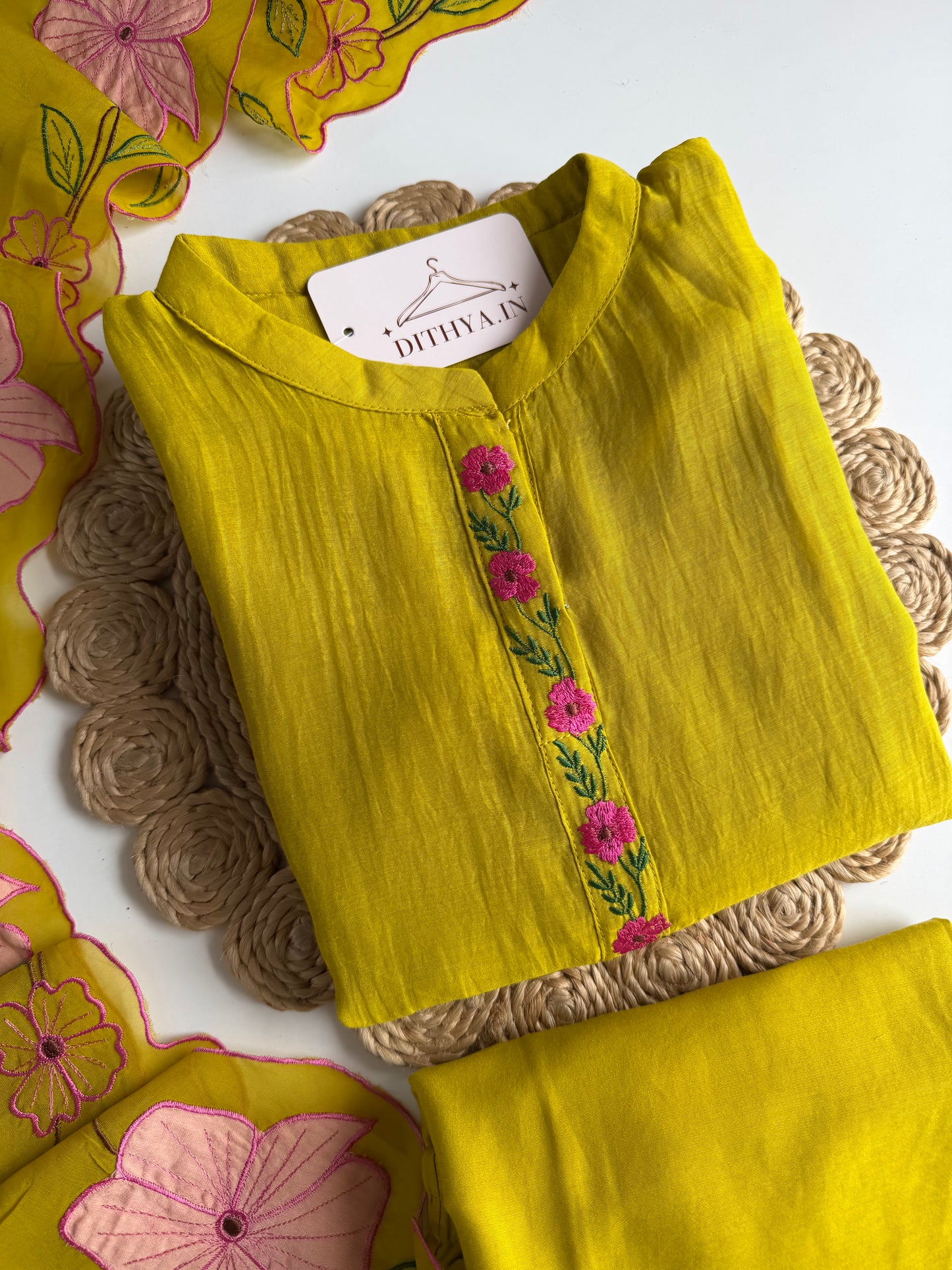 K006 - Mul chanderi appliqué embroidered Aline Kurti with pants and dupatta