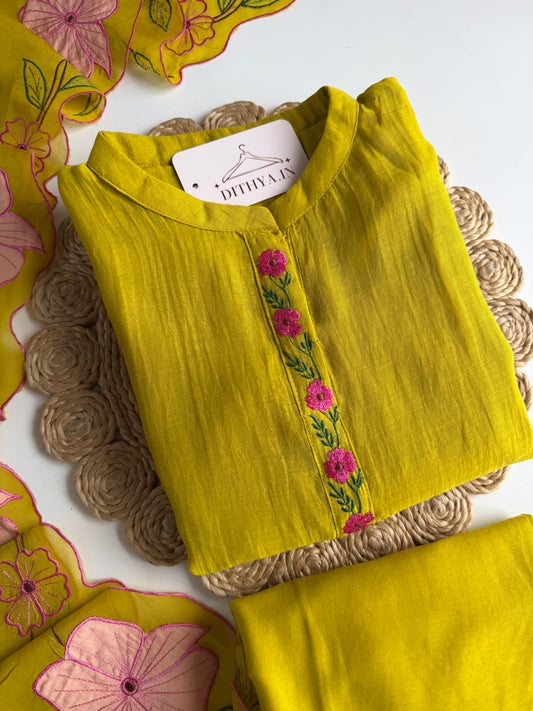 K006 - Mul chanderi appliqué embroidered Aline Kurti with pants and dupatta