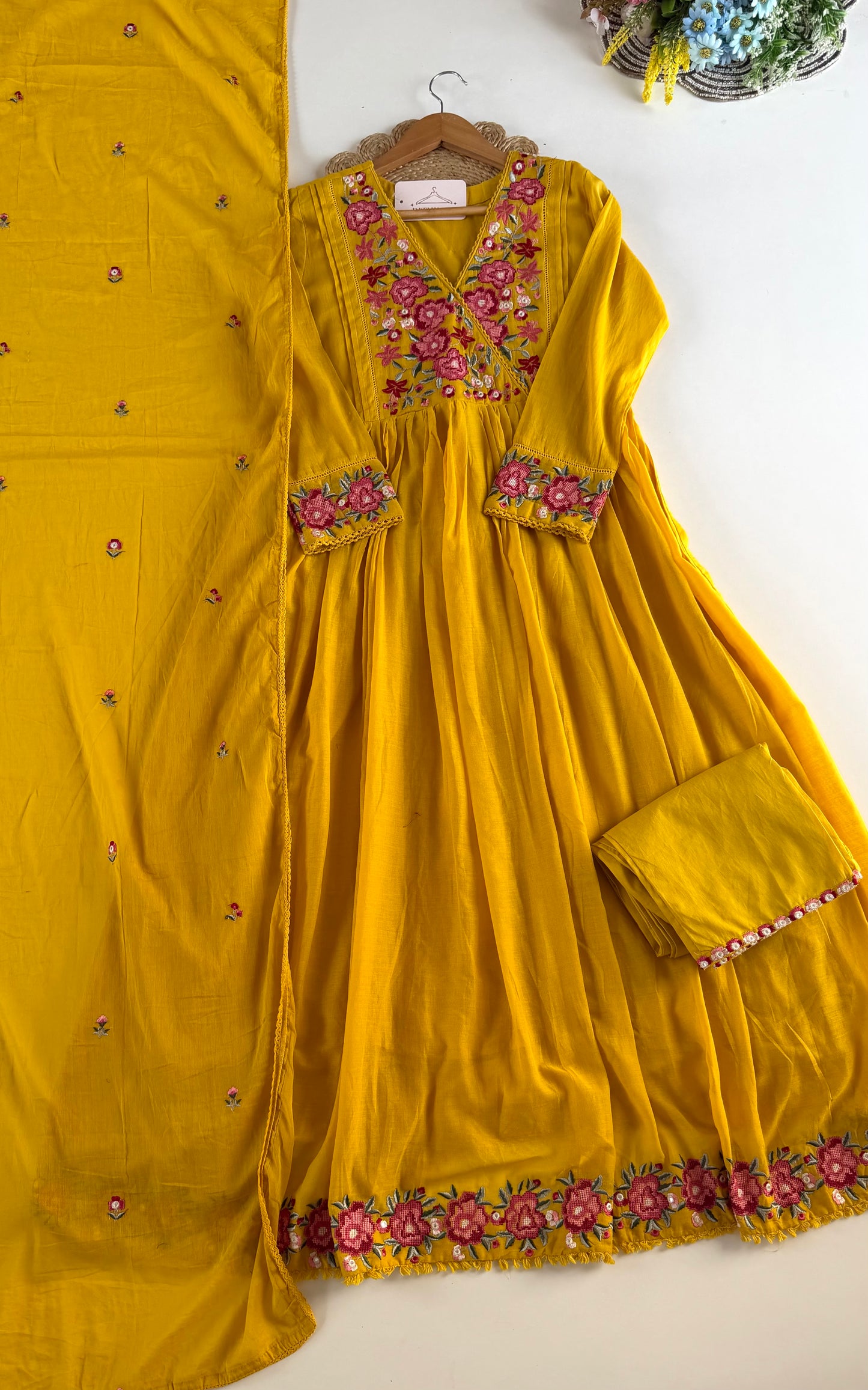 K476 - Mul Mul cotton embroidered Anarkali with pants and dupatta in 2 colours