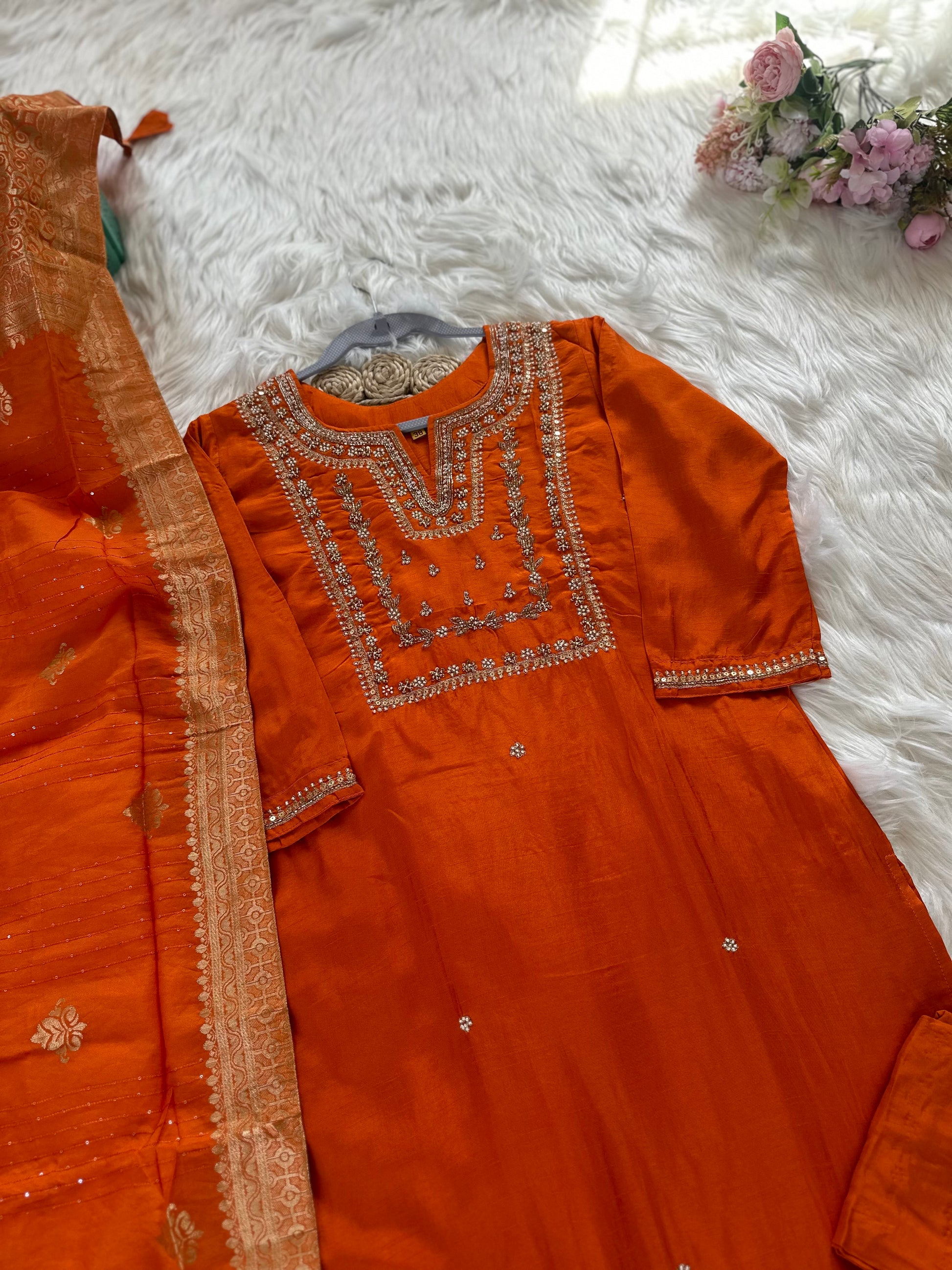 K119 - Russian silk kurti with pants and dupatta - Dithya.in