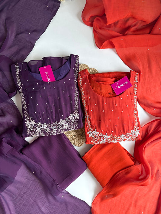 K007 - Mul Chanderi handwork Aline Kurti with pants and dupatta in 2 colours