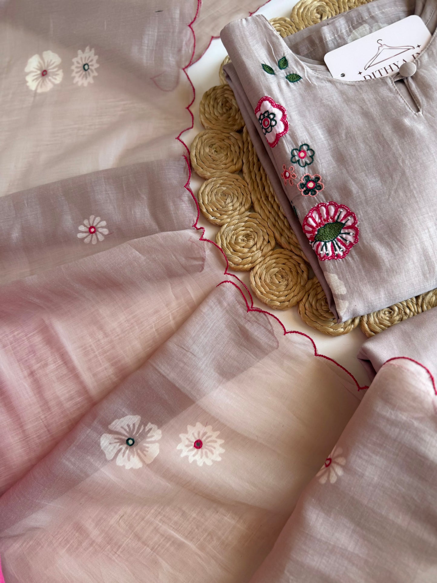 K619 - Mul chanderi embroidered straight Kurti with pants and dupatta