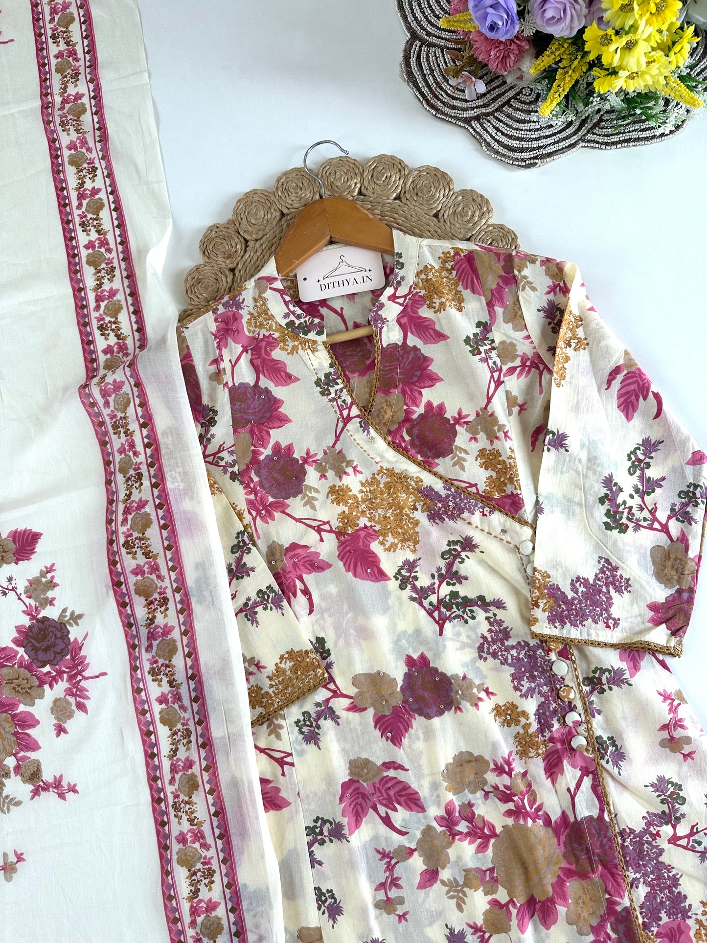 K244 - Mul cotton printed embroidered straight Kurti with pants and dupatta