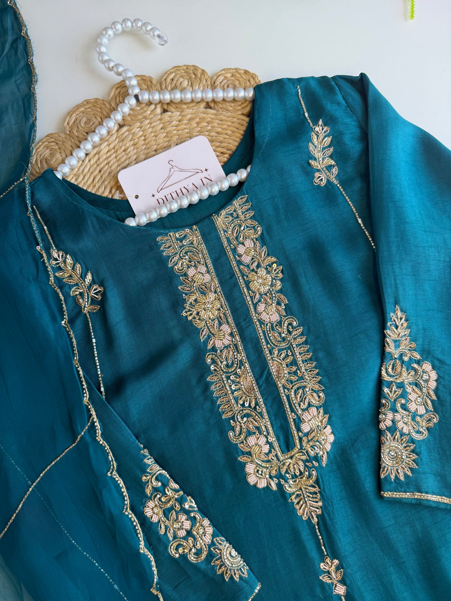 K577 - Russian silk handwork straight Kurti with pants and dupatta