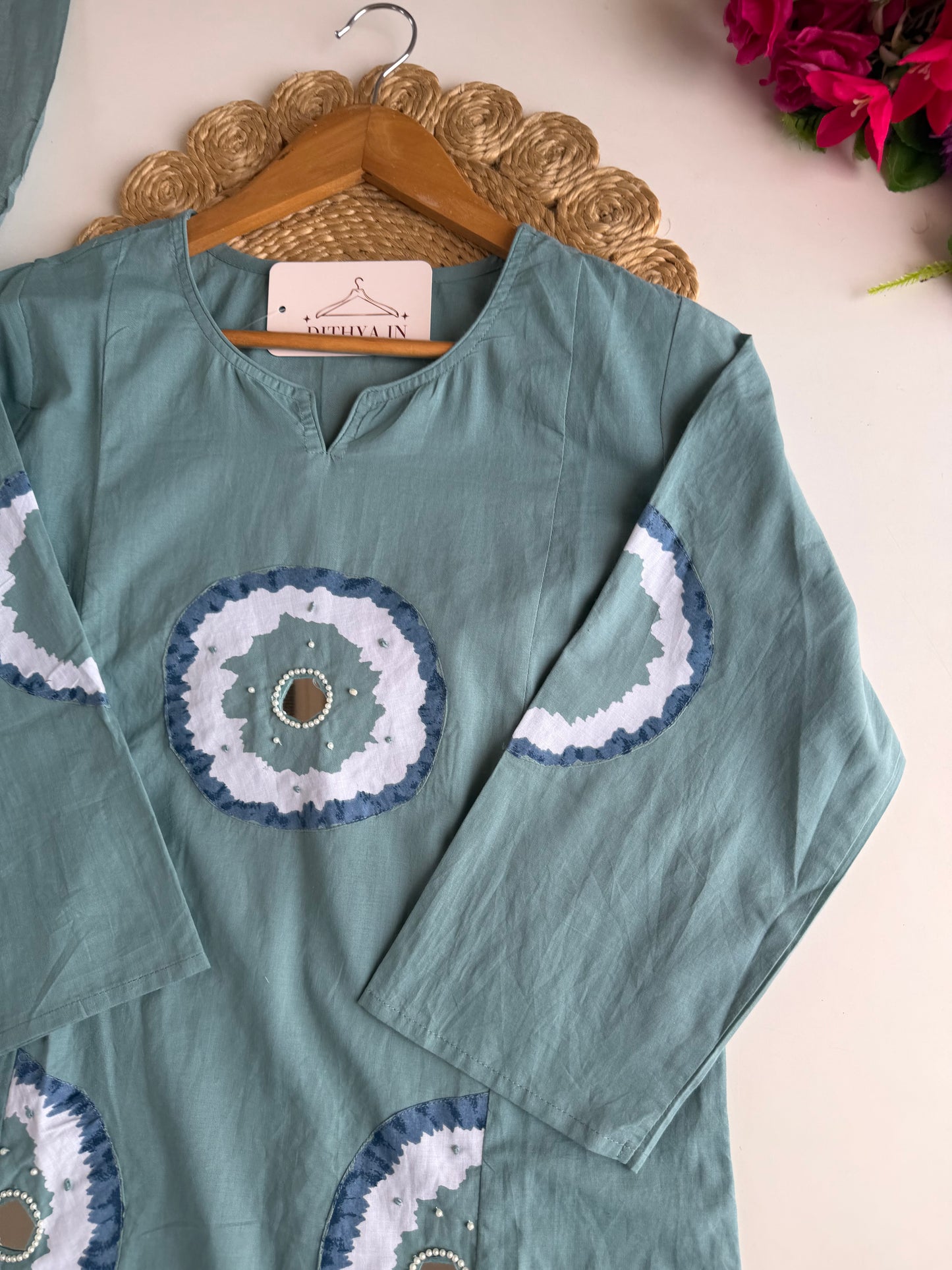 K543 - Mul cotton embroidered Aline   Kurti with pants and dupatta